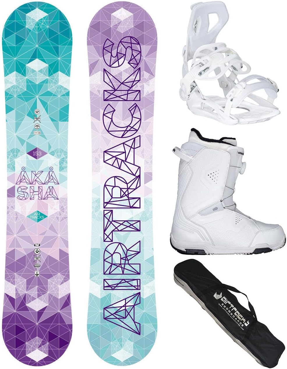 Airtracks Damen Snowboard-Set Akasha Flat Zero Rocker + Bindung Master W Fastec + Boots + Sb Bag 144 147 150 153 cm