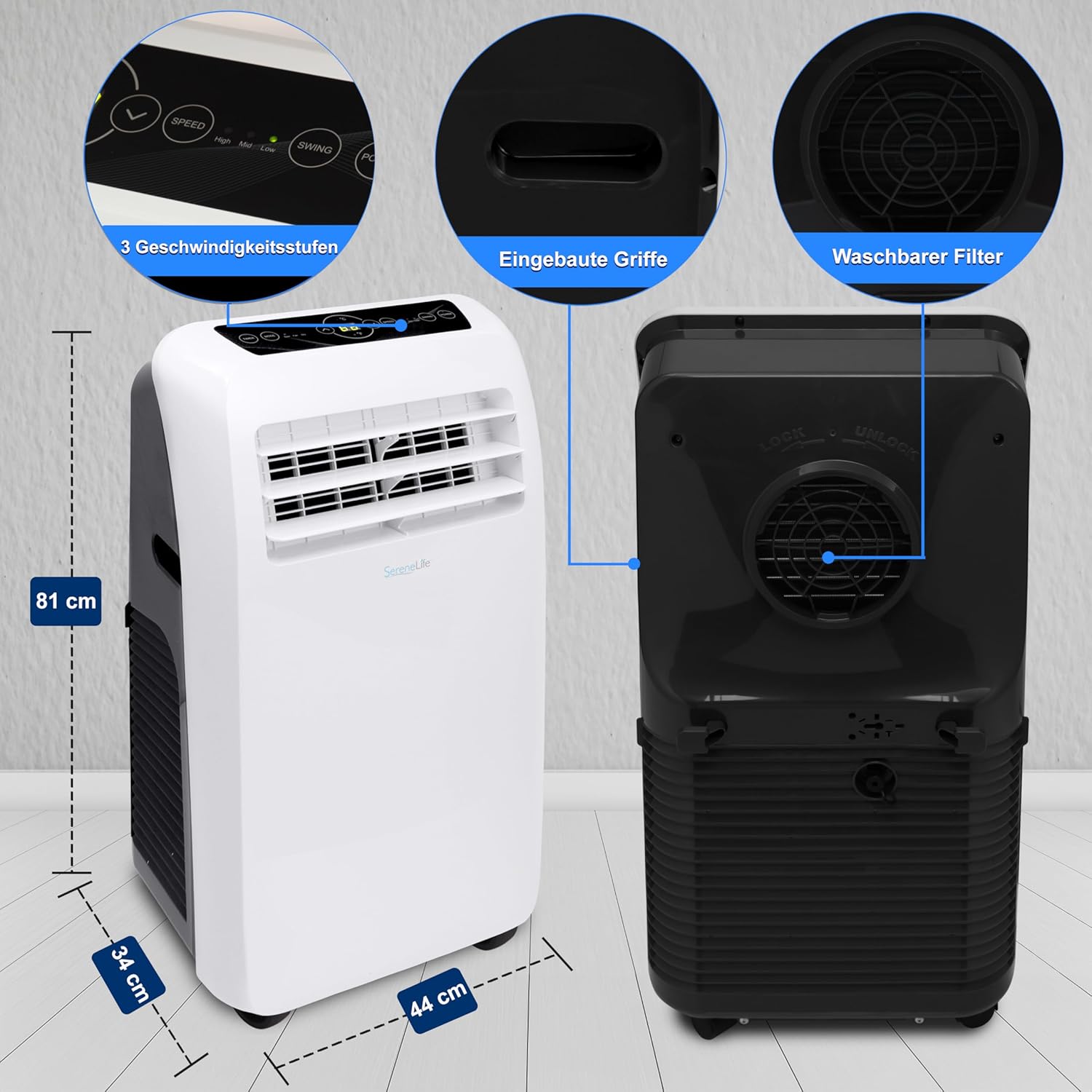 SereneLife Mini Klimaanlage mobil, 3-in-1 mobiles Klimagerät mit Abluftschlauch – Luftkühler, Luftentfeuchter & Ventilator, Air conditioner – 9.000 BTU, 1,5L Feuchtigkeit/Stunde, kühlt Räume bis 42 m2
