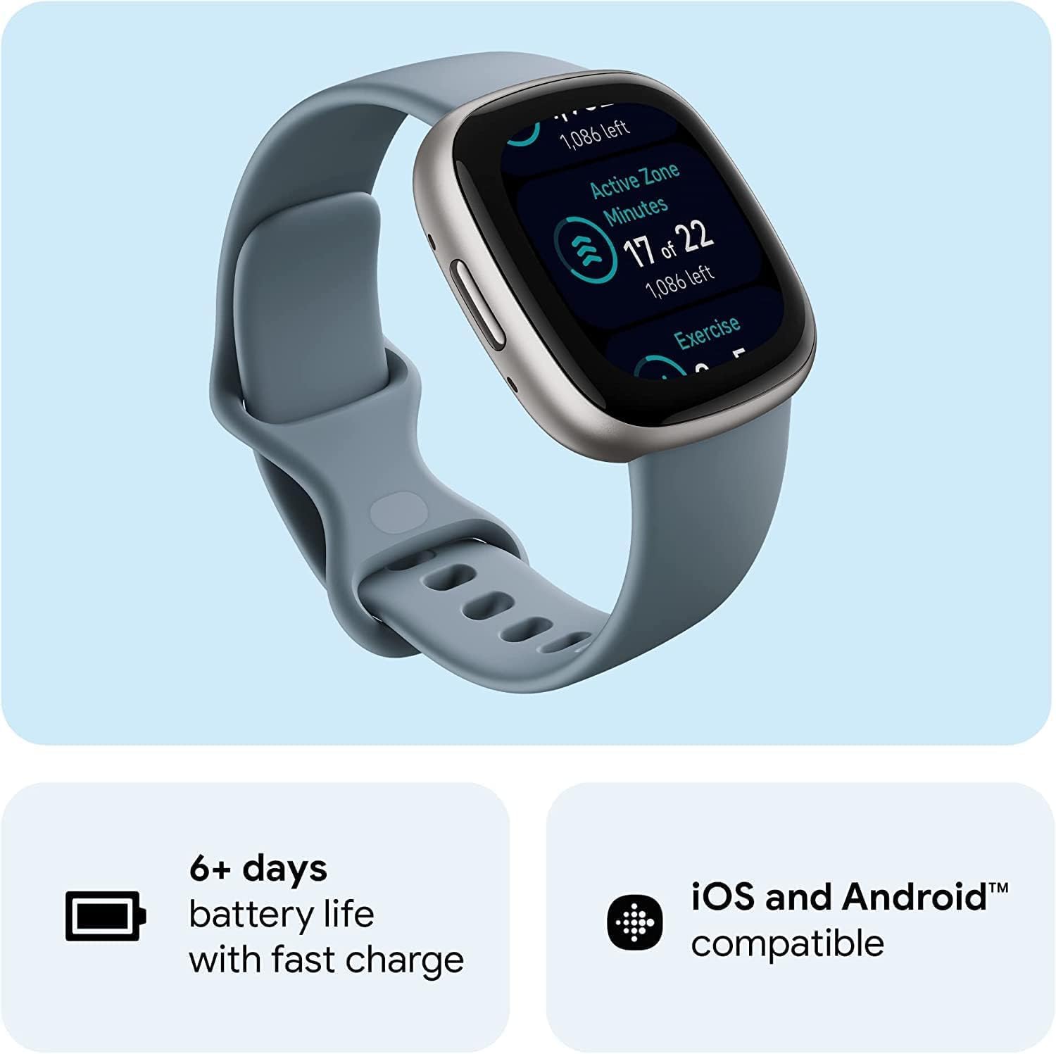 Fitbit Versa 4: Smartwatch aktywnosci fitness z wbudowanym systemem GPS, oraz z żywotnością baterii aż do 6 dni. Kompantybilny z systemem iOS & Android