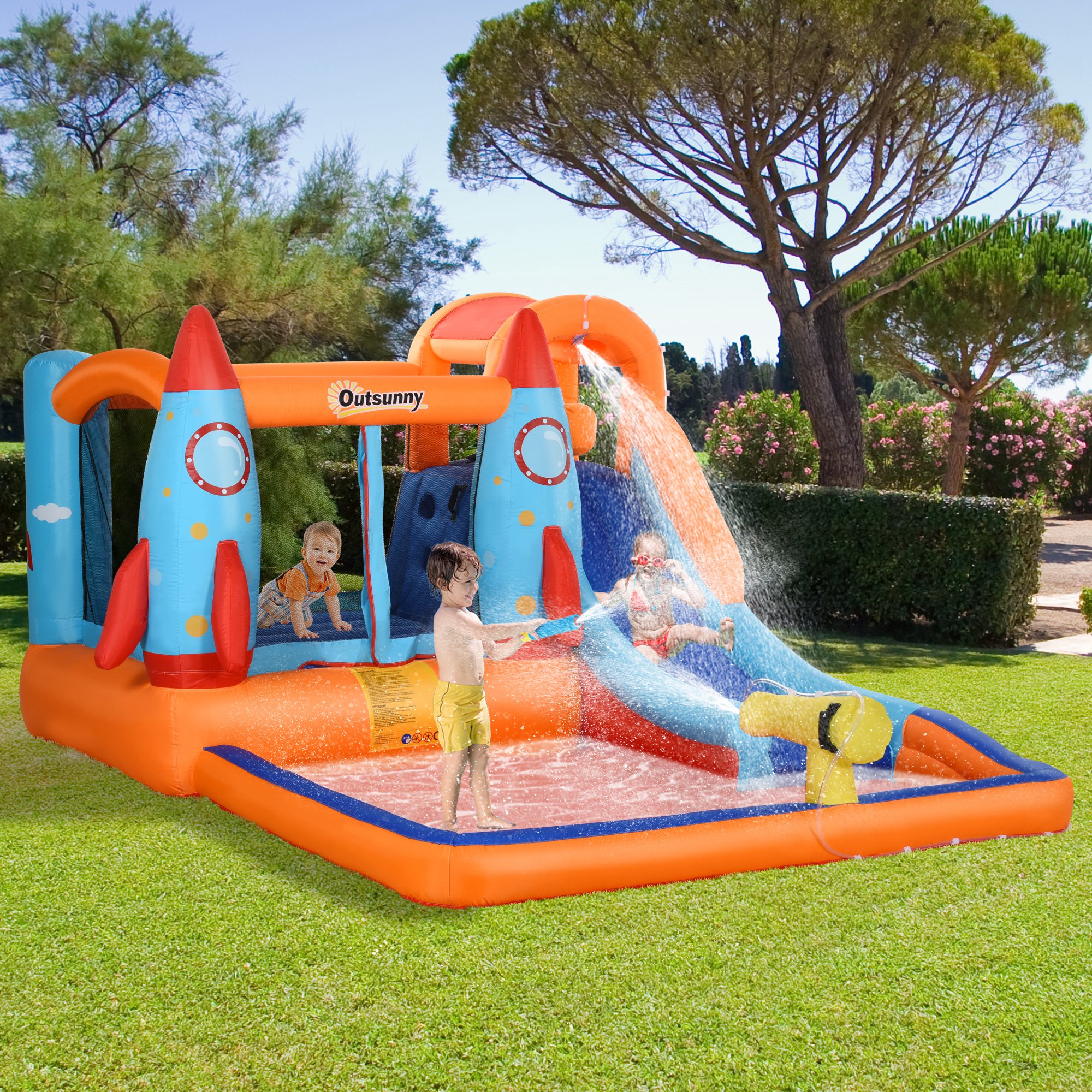 Outsunny Opblaasbaar Springkasteel met Blower voor 4 Kinderen Raketpatroon