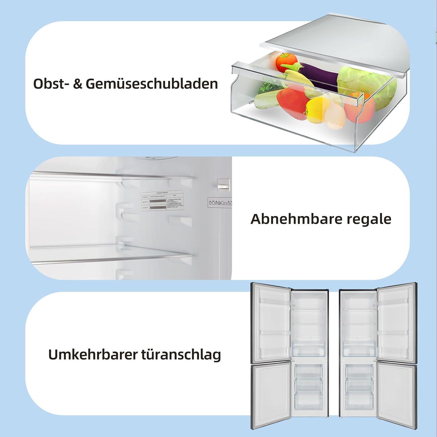CHIQ Freistehender Kühlschrank mit Gefrierfach 157L (109L/48L) | Auto-Drain, 4-Sterne-Gefrierschrank | 47 cm B | LED Licht, Flexible Anpassung, Türausrichtung Wechselbar | Schwarz Inox