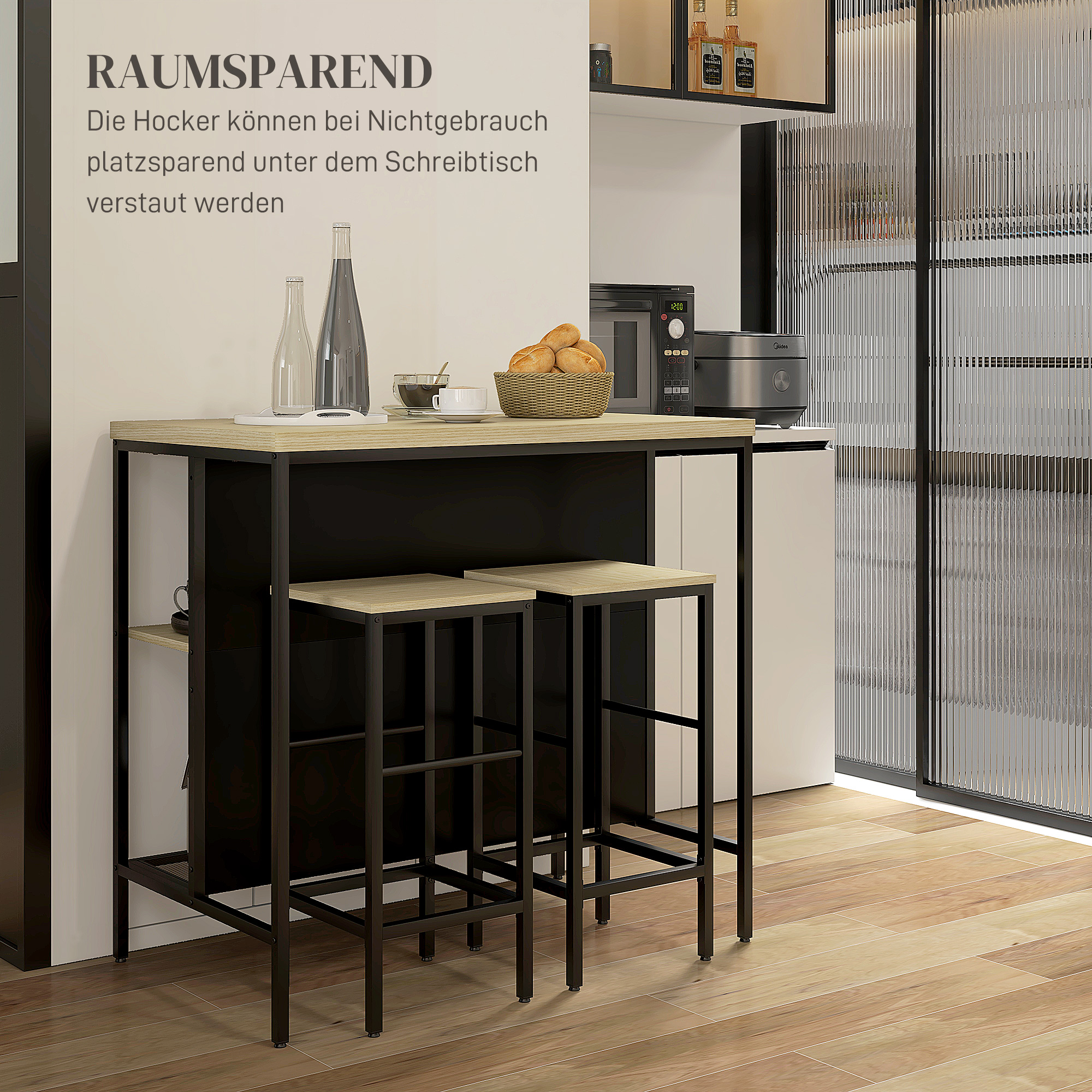 Barset, 2 Barkrukken & 1 Bartafel, vlekbestendig, stabiel, Staalframe, Zwart/Eik