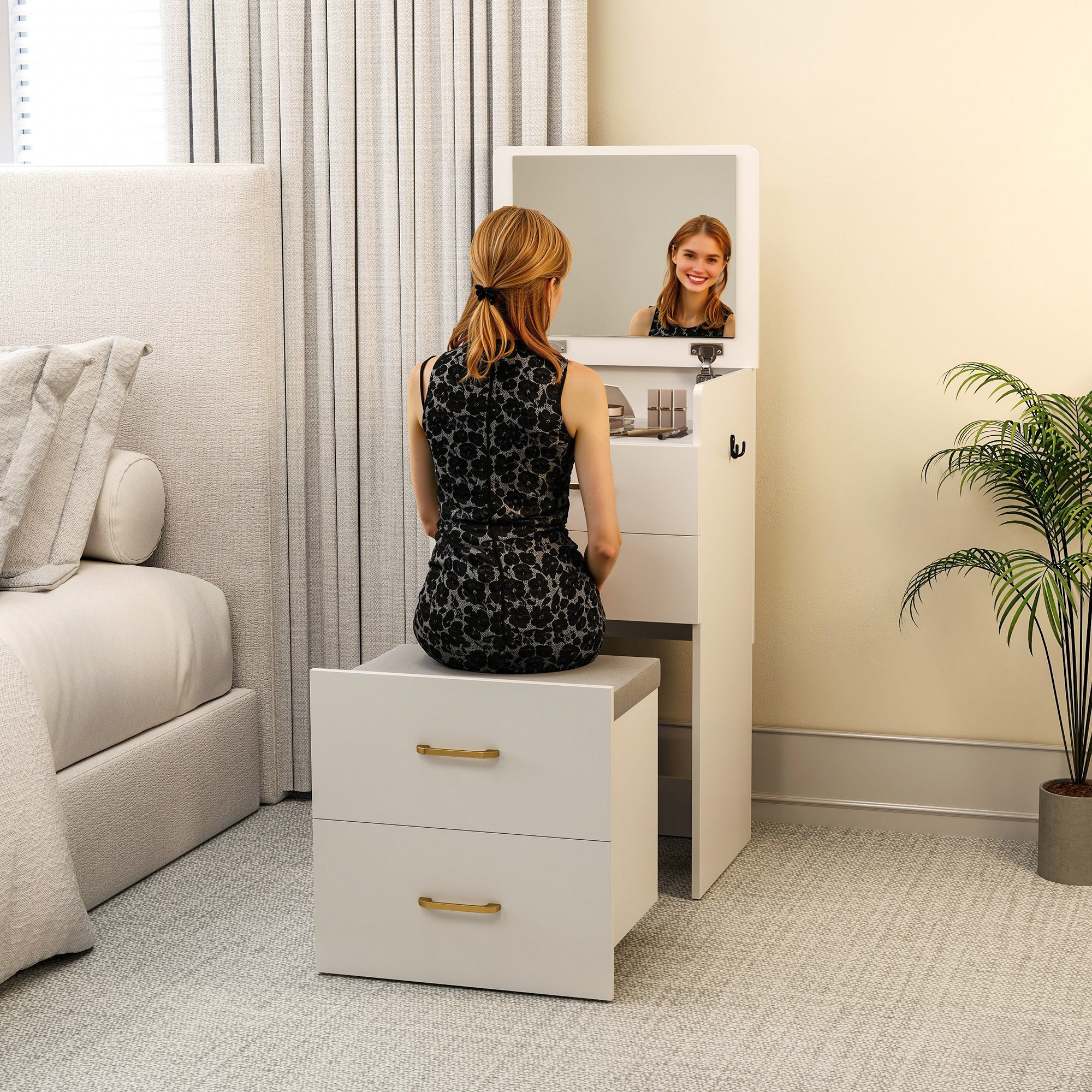 3-in-1 Make-uptafel met Spiegel, Nachtkastje, Rollende Kruk, Lades, Wit
