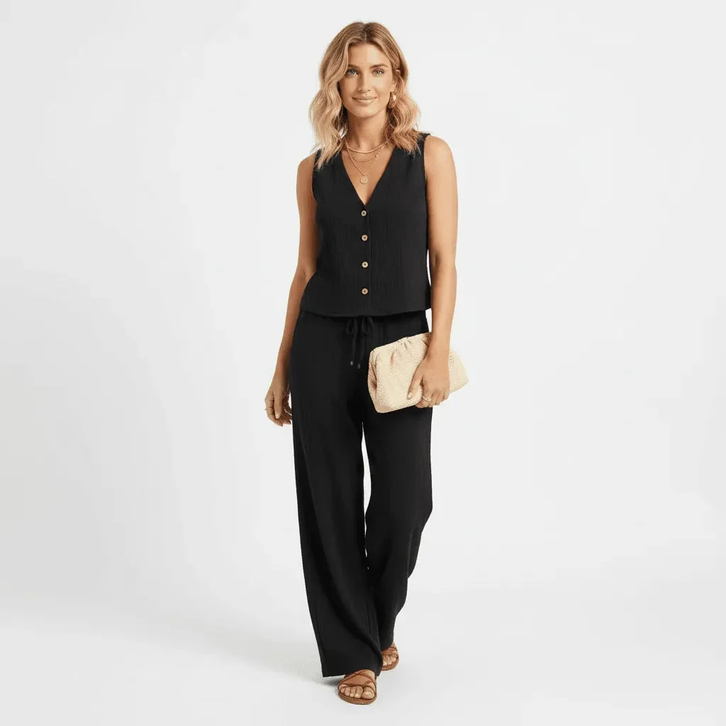 Loungewear Set Damen aus Baumwollmix | Zweiteiler mit Crinkle-Struktur | Relaxed Fit Hausanzug f��r Alltag und Freizeit