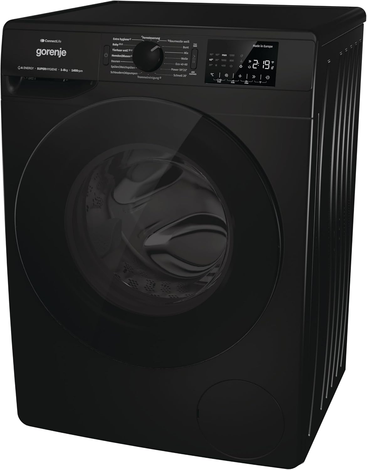 Gorenje WPNEI84A1DTSB Waschmaschine mit Dampffunktion/ConnectLife / 8Kg / 1400 U/min / 15 Programme/Totaler AquaStop/Wave Active Trommel/ExtraHygiene/PowerWash/Schnell Waschgang/EEK: A-10%