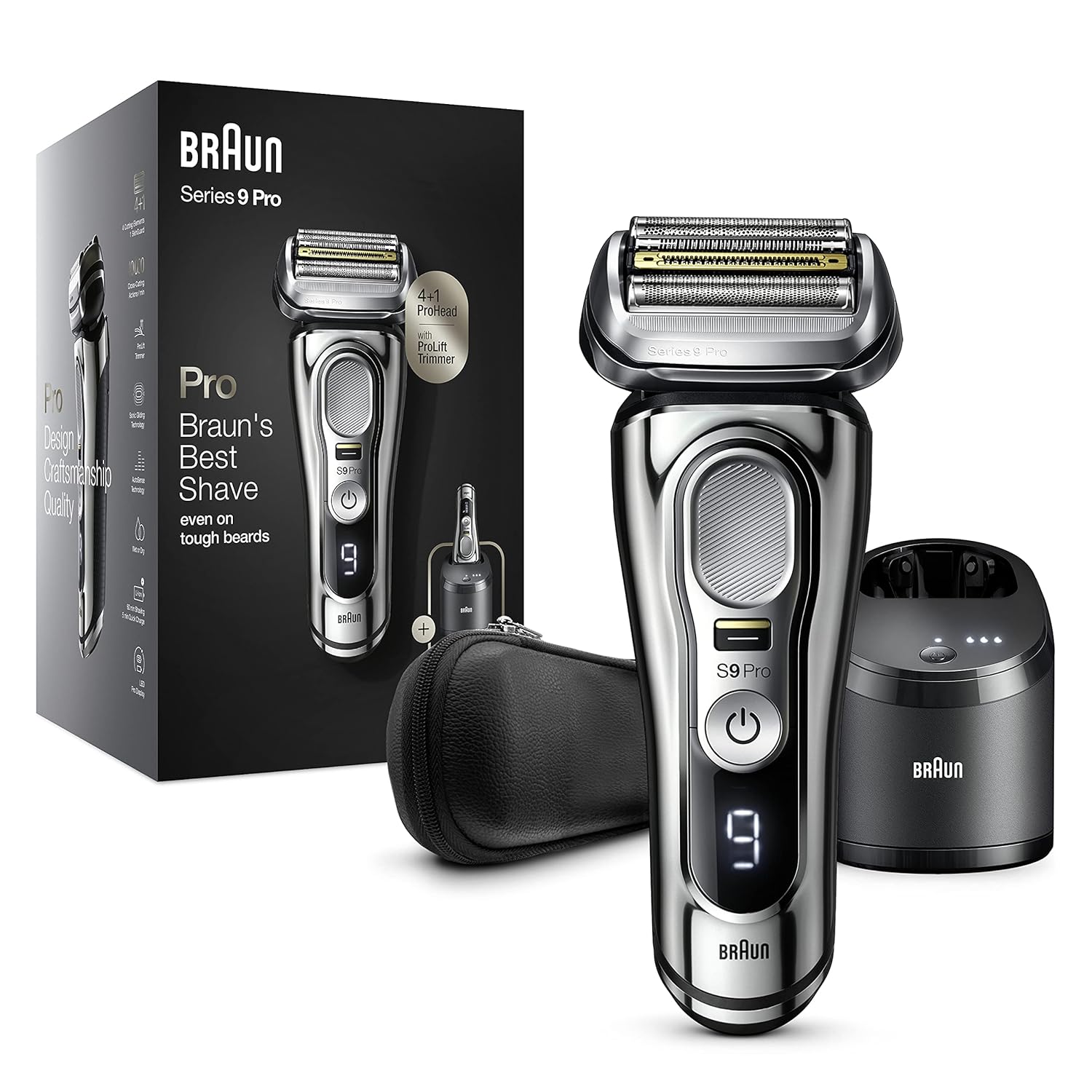 Braun Series 9 Pro Elektrorasierer für Herren, Bartrasierer mit ProLift-Trimmer und 4-in-1-Kopf, 5-in-1-Reinigungs- und Ladecenter, Tasche, wiederaufladbar, kabellos, 9466 CC, Chrom
