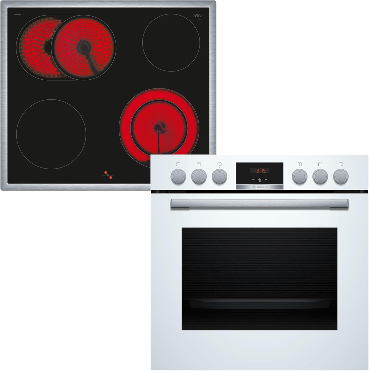 Bosch HND411LW63, Einbau-Herd-Set, Einbau-Herd 60 cm, HEA513BS3, Serie 4, 3D Heißluft, Einfache Bedienung, Weiß  und  Elektro-Kochfeld 60 cm, NKN645GA2E, Serie 4, Herdgesteuert, 21cm Kochzone, Mit Rahmen