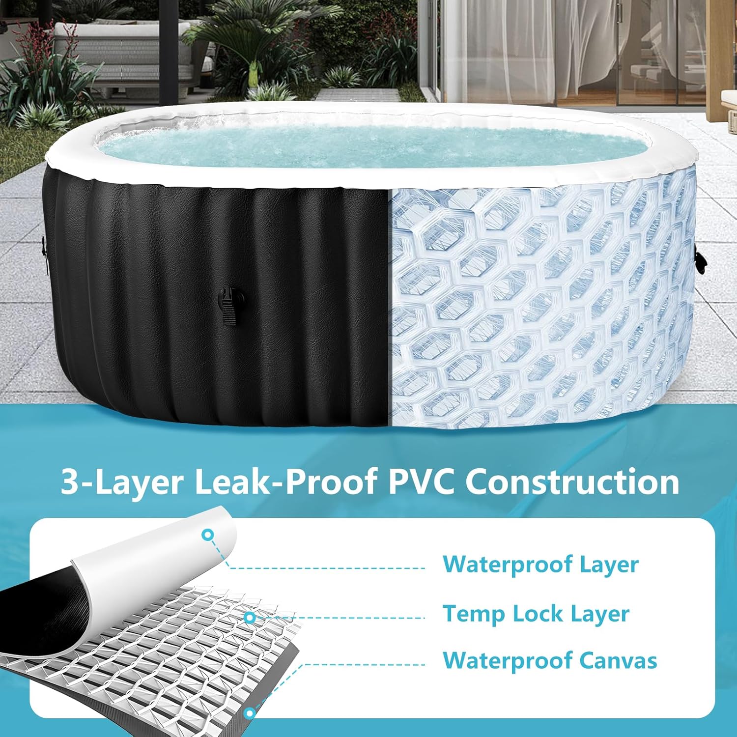 Hot Tub Aufblasbar für 2 Personen Mit LED, 2400W In/Outdoor SPA Pool Winterfest Mit 100 LuftdüSen, Frostschutz, 550 Liter, Auslaufsichere, Energiesparend, Bubble Spa & Wellness Massage