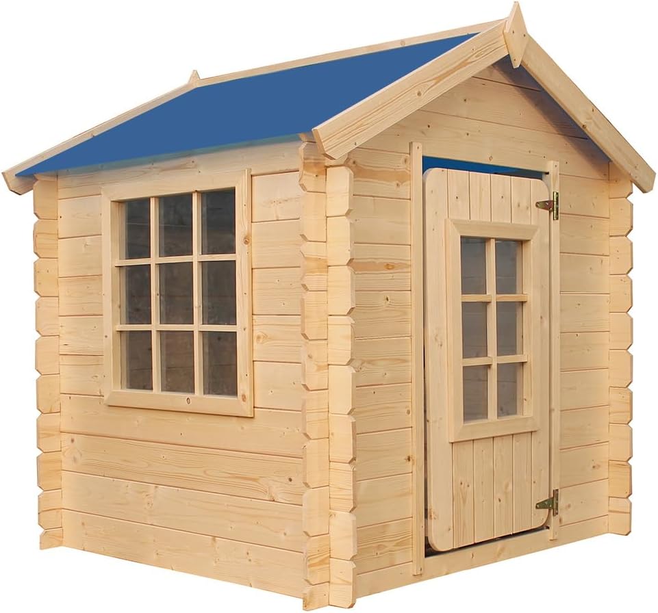 Timbela M570M-1 Kinderspielhaus aus Holz -Spielhaus im Freien für Kinder - 111x113xH121 cm/0.9 m2 Gartenspielhaus - Garten-Sommerhaus für Kinder (Die Dachfarbe ist blau)