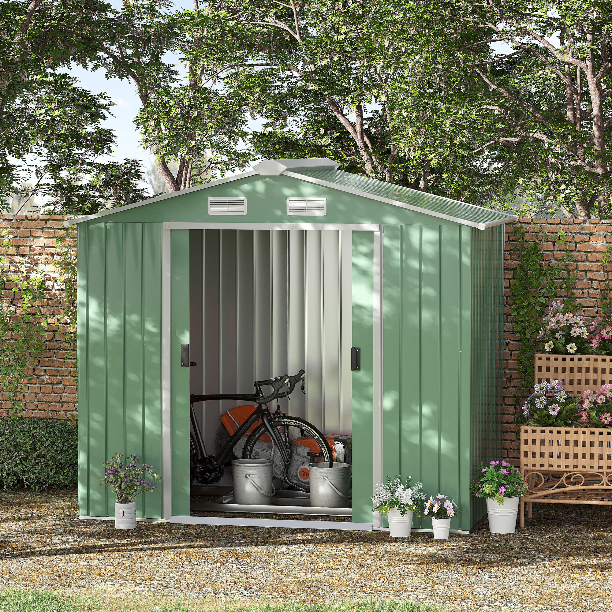 Outsunny gereedschapsschuur, tuinhuisje, met schuifdeuren, fundering, weerbestendig, staal, groen, 213 x 130 x 185 cm