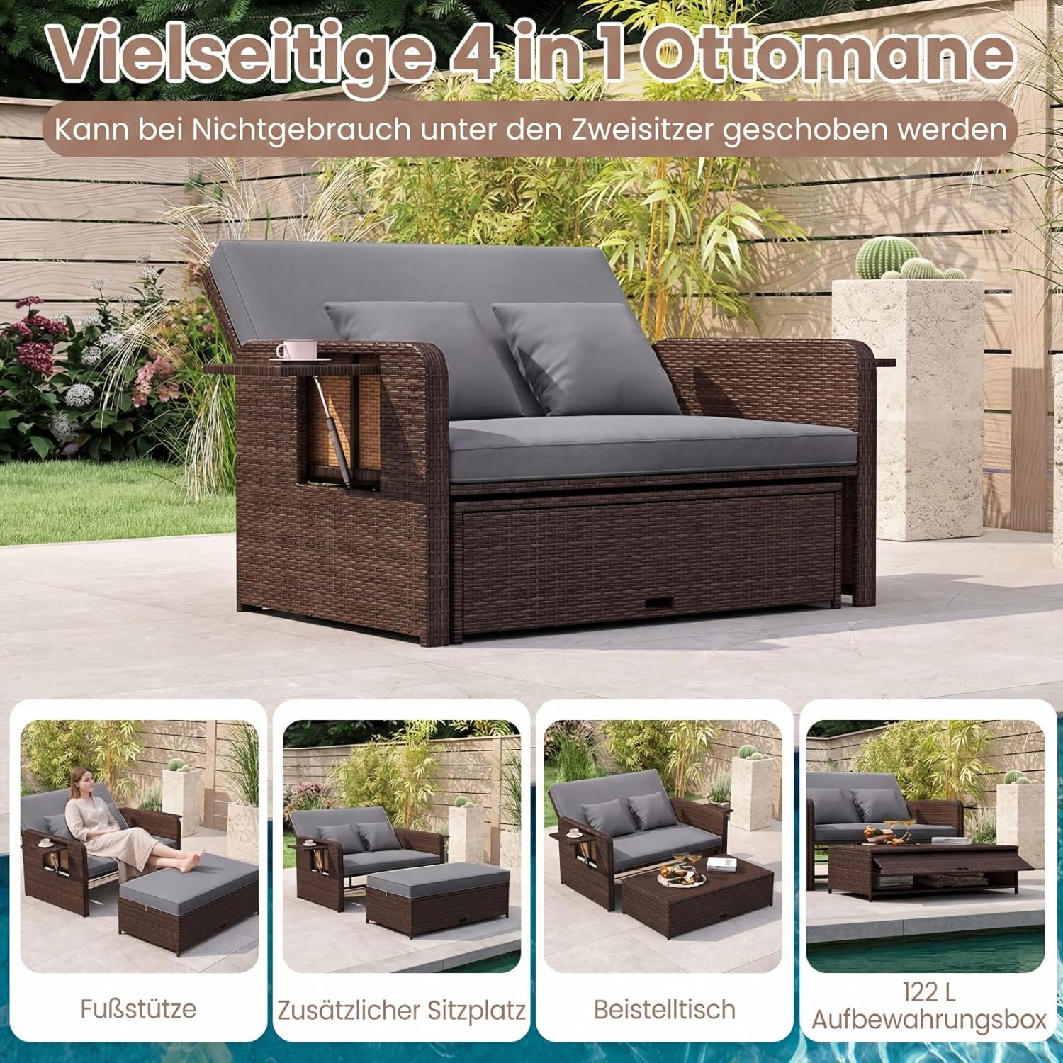 COSTWAY 3 in 1 Polyrattan Sonnenliege, Gartenliege mit Verstellbarer Rückenlehne & Seitenablagen, Loungebett, Doppelliege mit Kissen, Gartensofa mit Liegefunktion, Hocker & Stauraum (Grau)