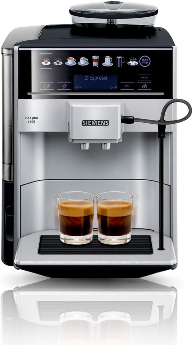 SIEMENS Kaffeevollautomat EQ6 plus s300 TE653501DE, für viele Kaffeespezialitäten, Milch-Aufschäumdüse, Keramikmahlwerk, Doppeltassenfunktion, Antikalk, automatische Dampfreinigung, 1500 W, silber