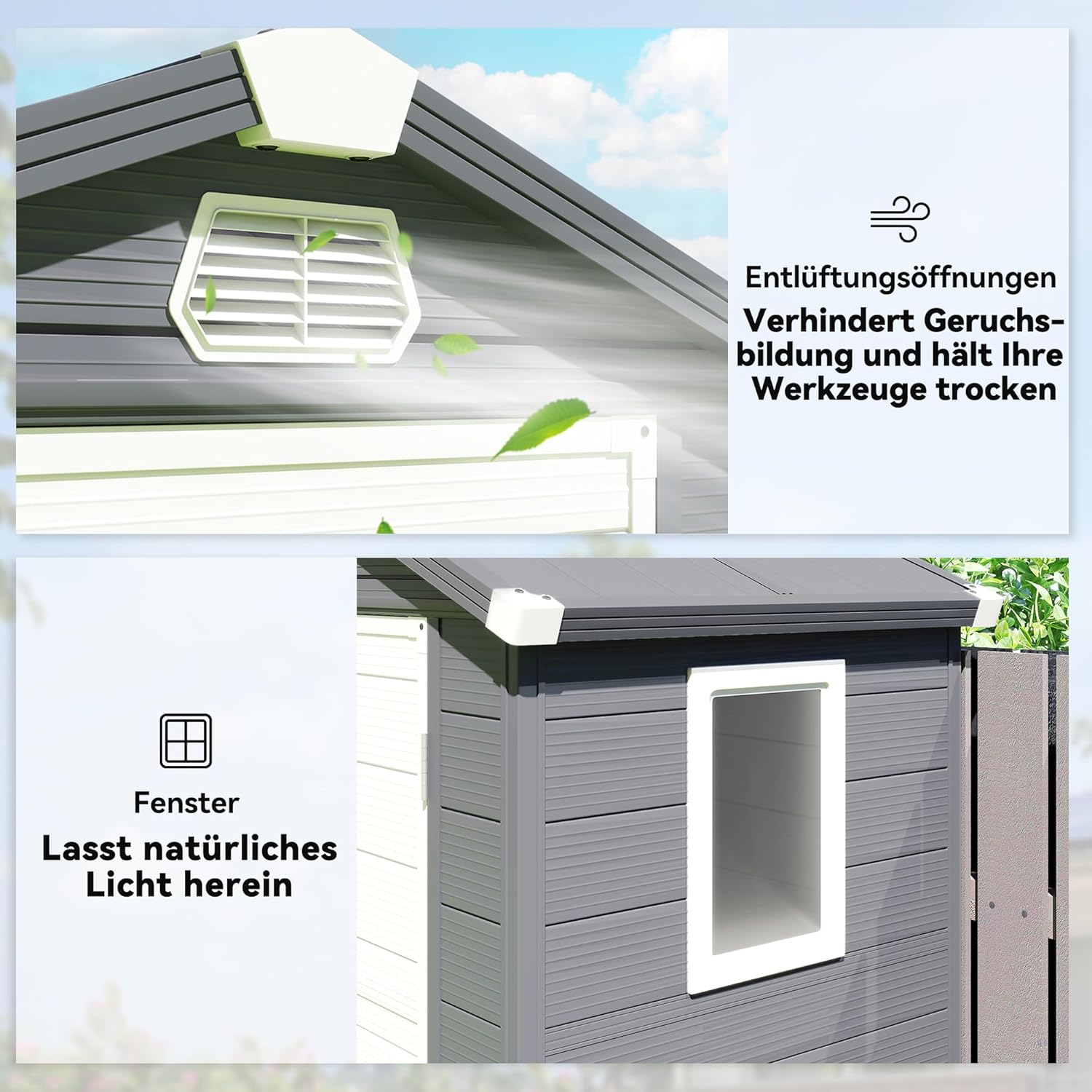 Outsunny Gerätehaus 1,1m², Geräteschuppen mit Satteldach, 133 x 102 x 208 cm, Kunststoff Gartenchuppen mit Abschließbar Tür Belüftungsöffnung Fenster Fundament, Gartenhaus für Garten Dunkelgrau