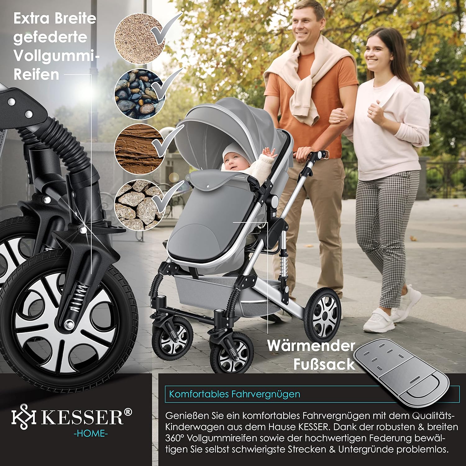 KESSER® Loops 3 in 1 Kinderwagen Kombikinderwagen Komplett-Set inkl. Babywanne & Buggy Sportsitz & Auto-Babyschale Voll-Gummireifen Wickeltasche Regenschutz Kindertisch ECE R129, Schwarz/Champagne