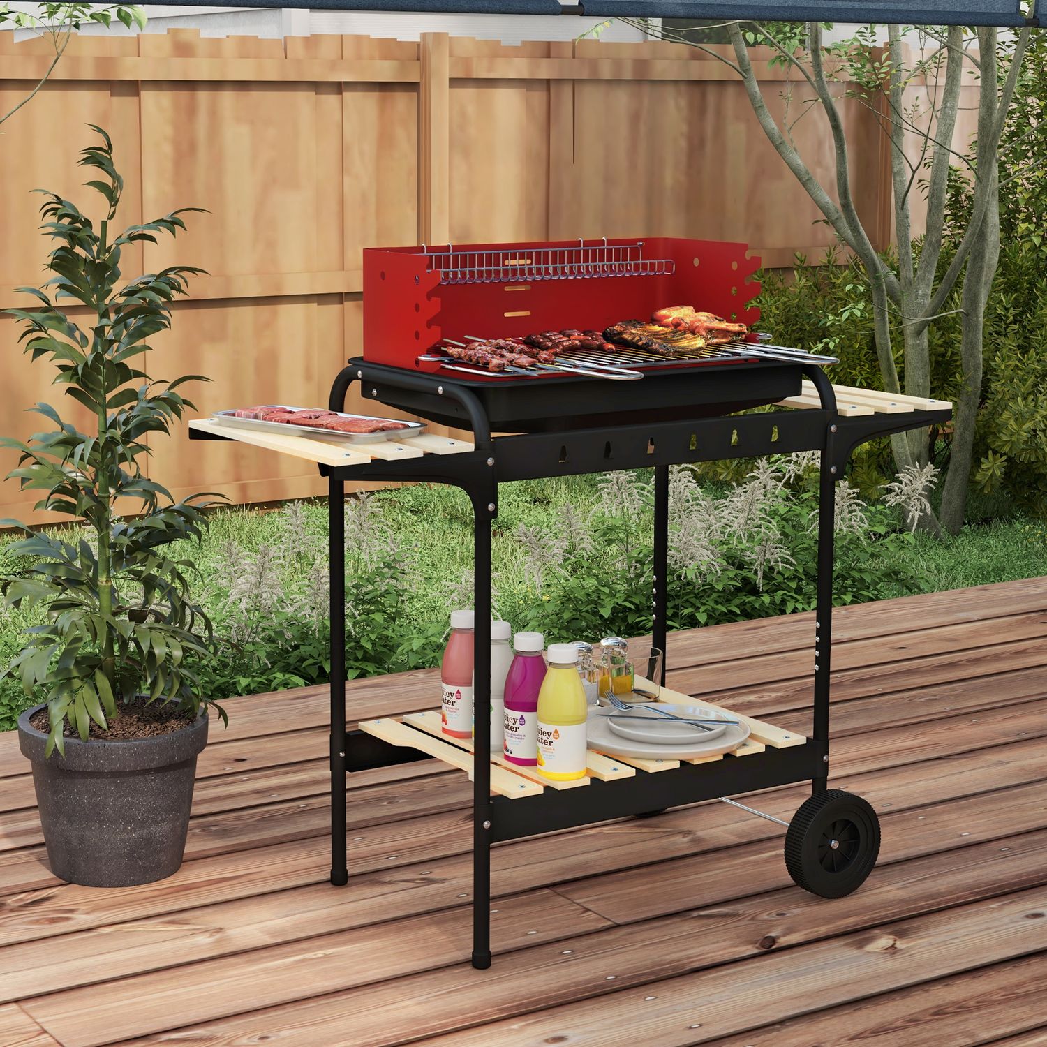 Grill węglowy Outsunny, metalowy, sosnowy, 103x47x95 cm, czerwony i czarny