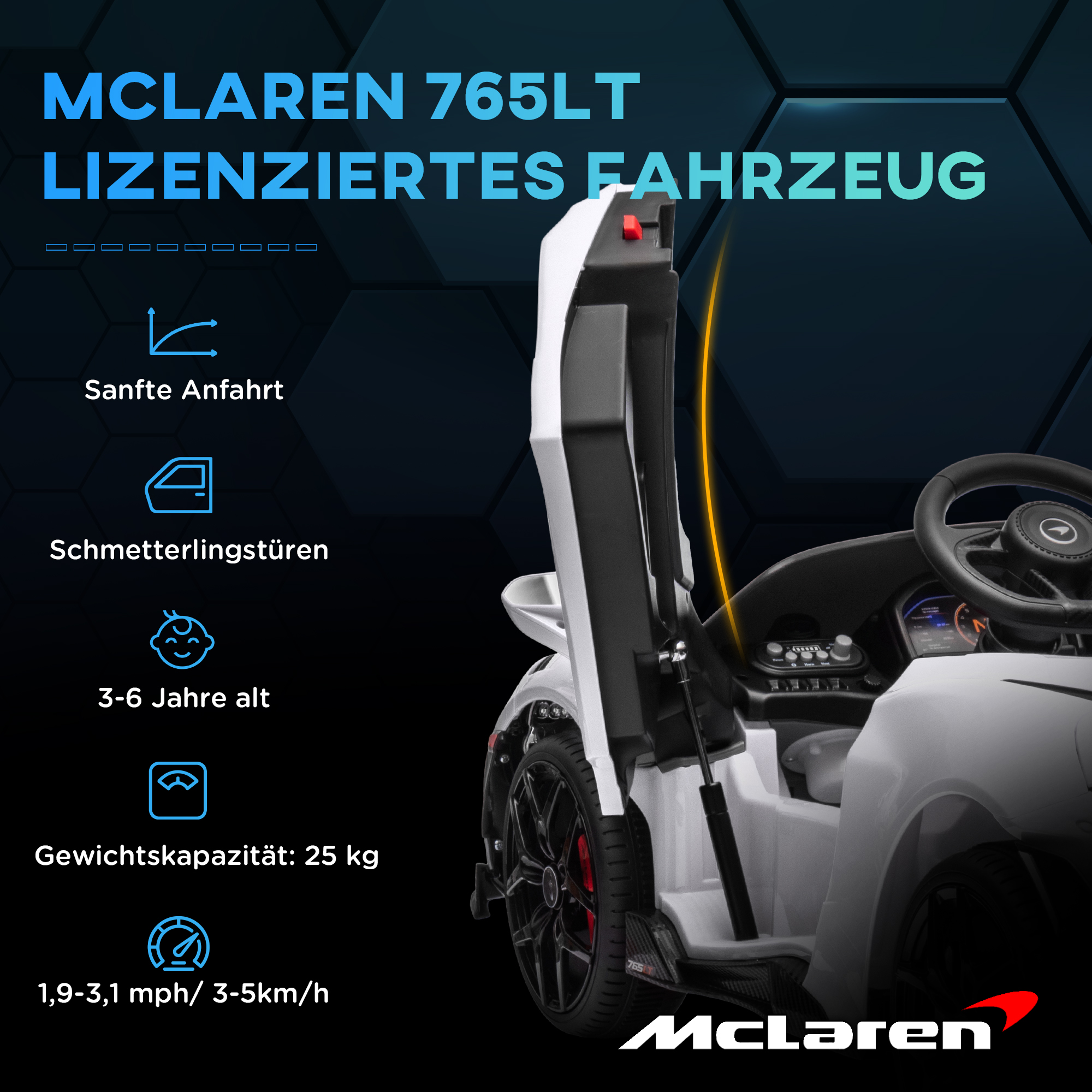 AIYAPLAY Elektrische Kinderauto met Vleugeldeuren, Afstandsbedienbaar, Zachte Start en LED-verlichting, Wit