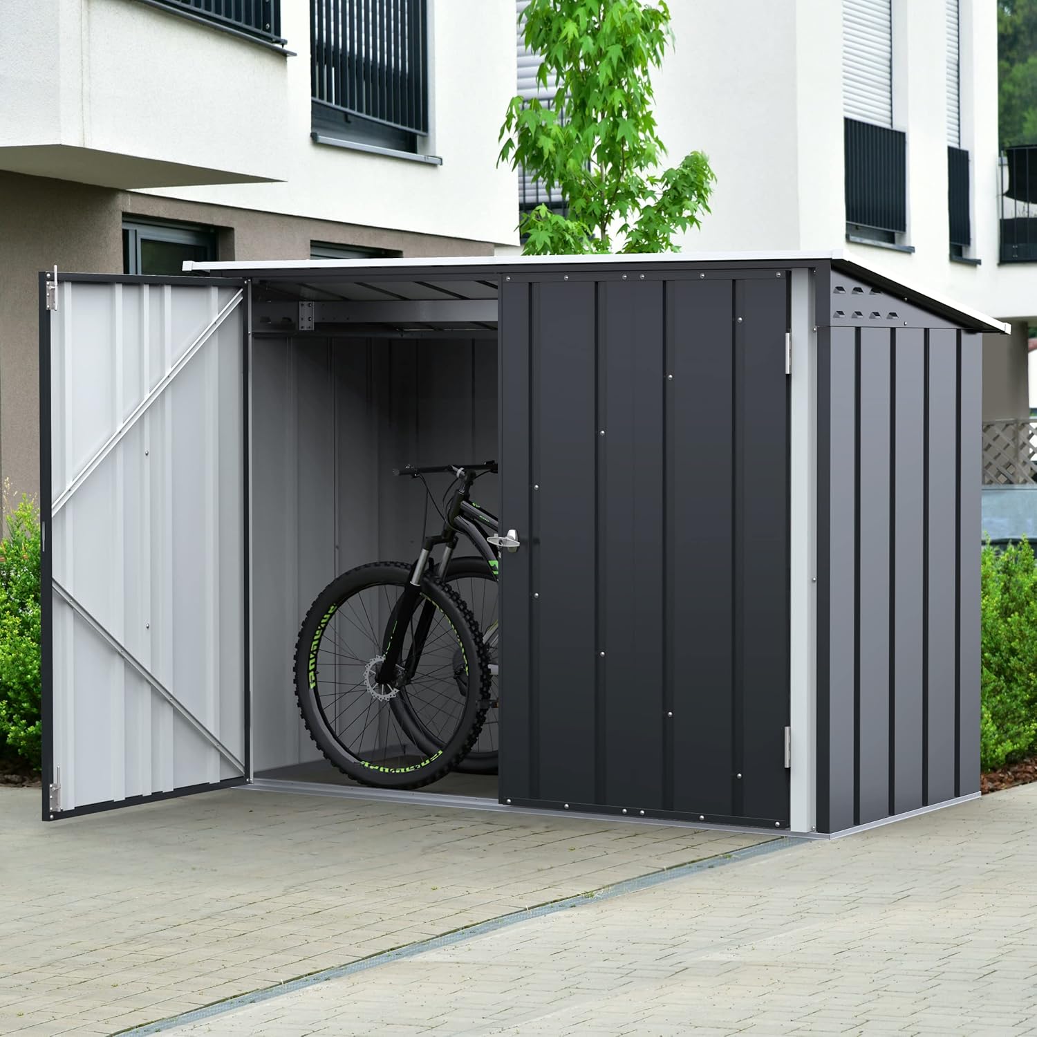 Duramax Fahrradschuppen für 2, Fahrradgarage mit komplett breiten, abschließbaren Doppeltüren, Lagerschuppen aus Metall, Gartenschuppen Fahrräder, Fahrradaufbewahrung, fahrradbox, Anthrazit