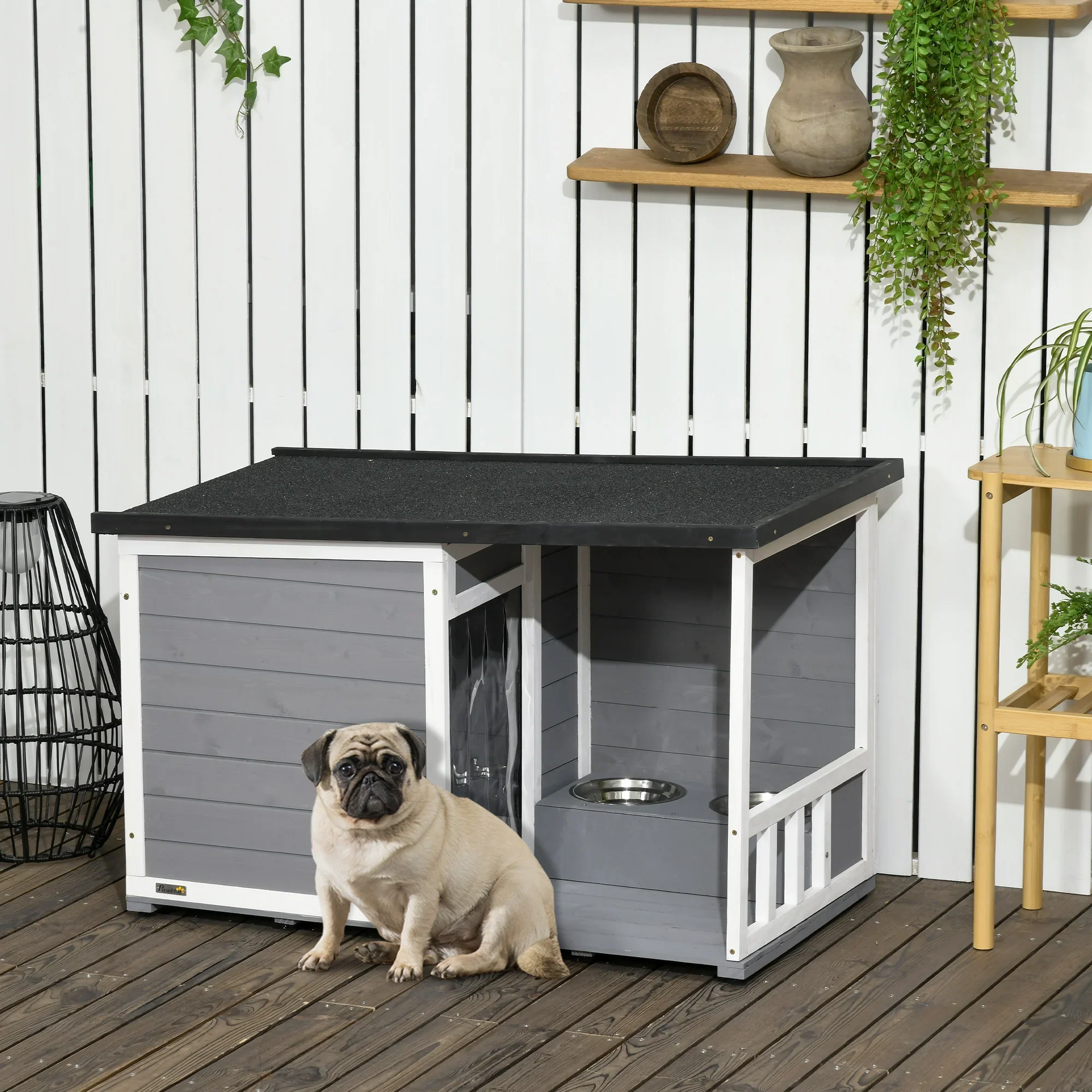 PawHut Hondenhok met overdekte veranda en voerbakken Outdoor