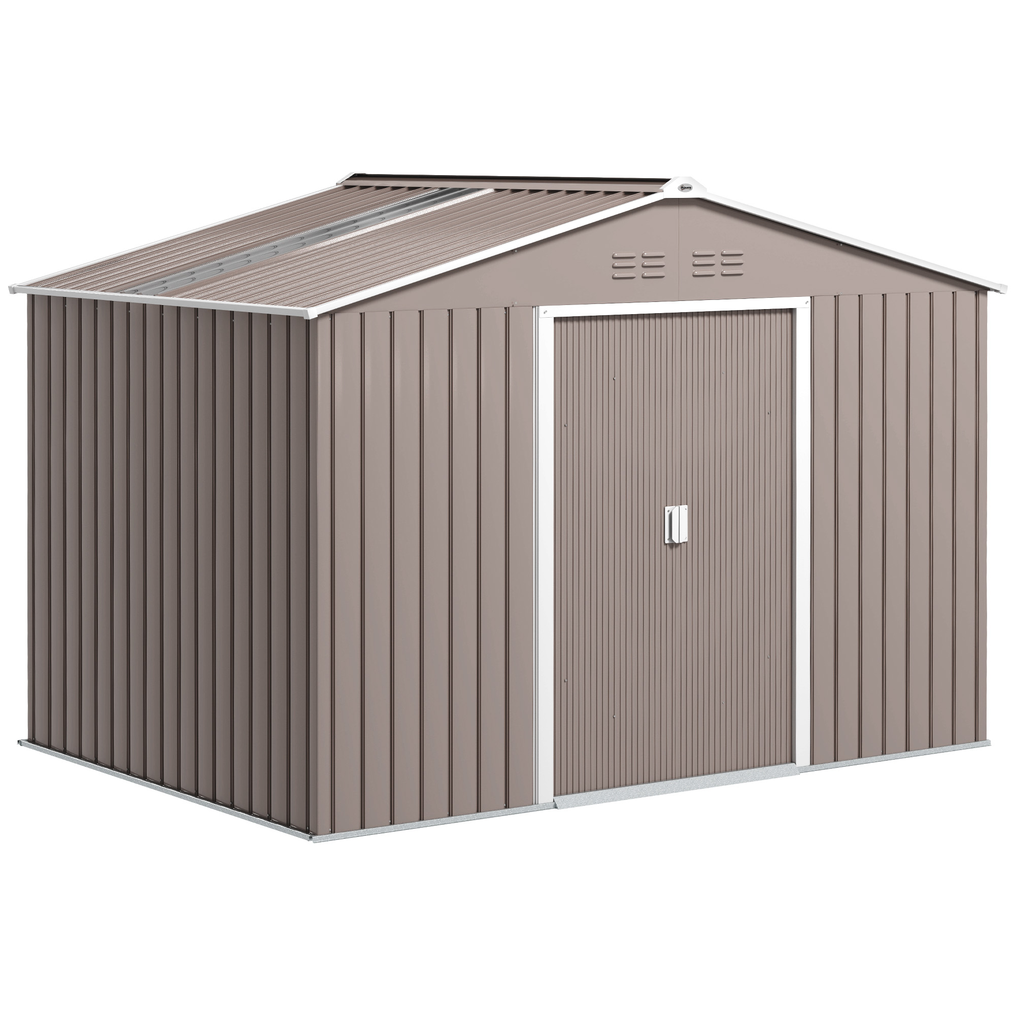 Metalen tuinschuur met schuifdeuren en ventilatieramen, 277 x 195 x 192 cm, lichtgrijs