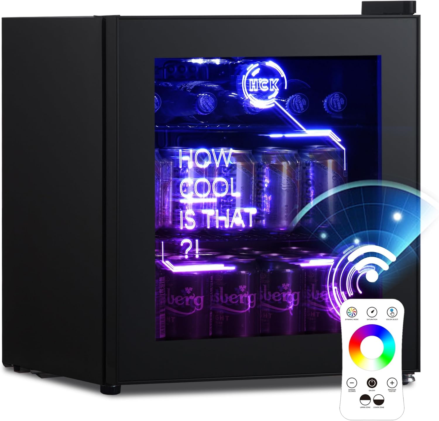 HCK 48L Mini Kühlschrank mit Glastür Leise 39dB, Cyberpunk Getränkekühlschrank mit Fernsteuerbaren RGB LED Lichtern, Flaschenkühlschrank, Mini Fridge 0-15°C für Gaming Deko, Minibar, Schwarz
