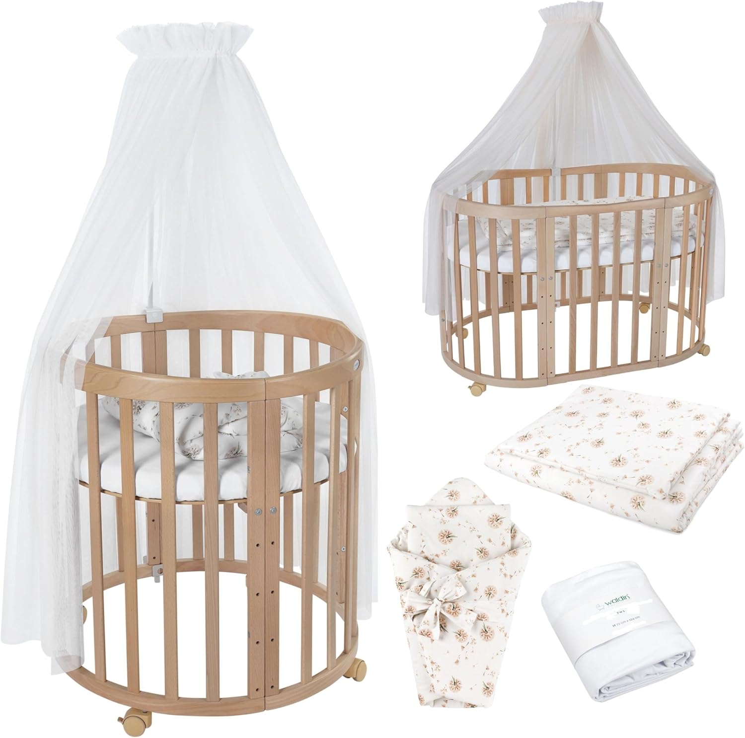 Waldin Oval Baby-Bett Mitwachsend Komplett Set 7in1, Gitterbett, Kinderbett mit Matratze, Wickelkommode, Beistellbett, Holz Weiß