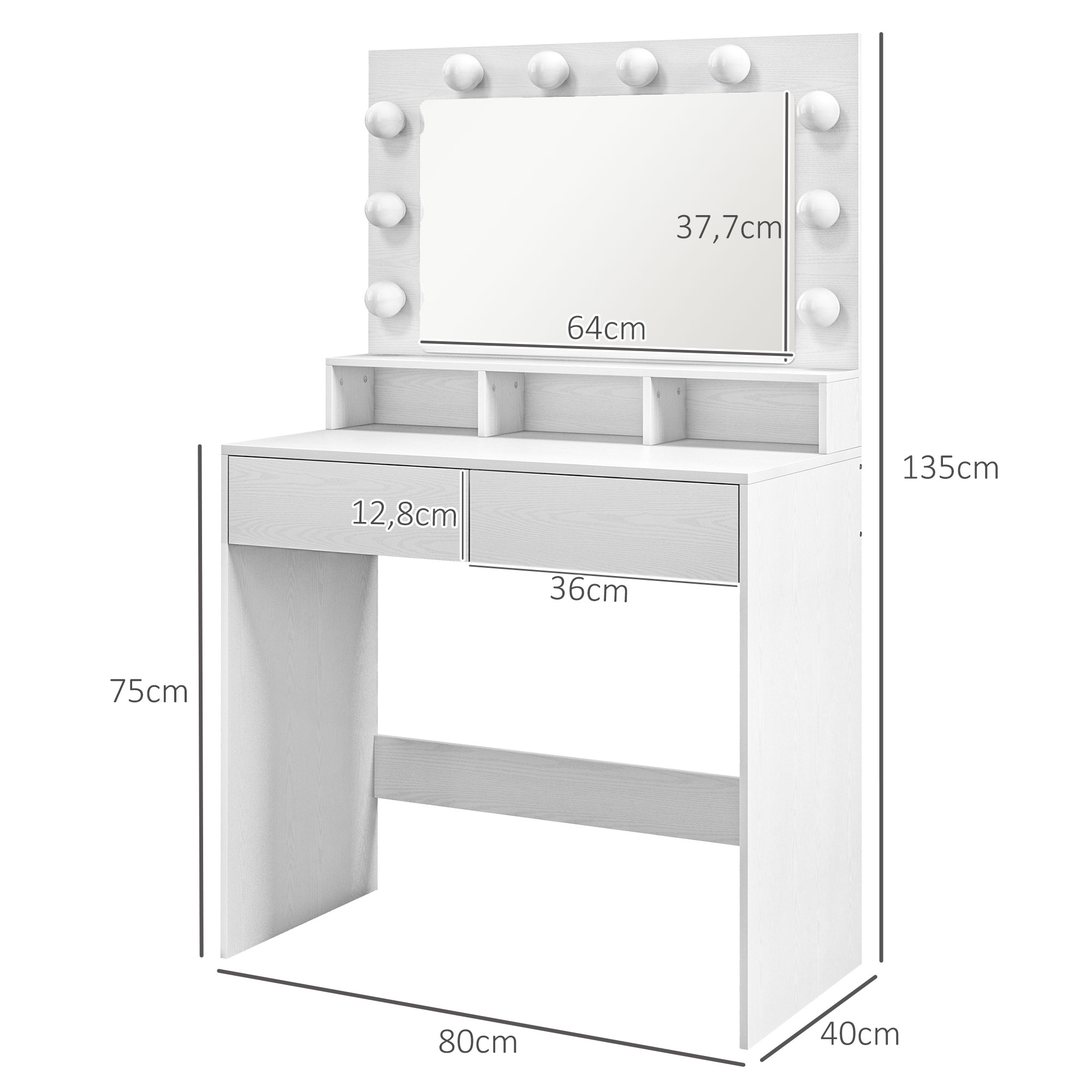 Kaptafel met Verlichte Spiegel, Laden, 3 Lichtopties, 10 Lampen, Hedendaagse Witte Make-uptafel