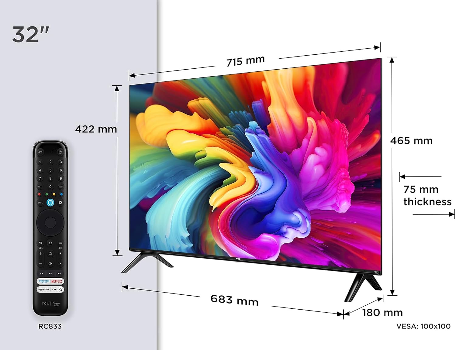TCL 32SF560 Televisor 32 Pulgadas QLED Full HD, Smart TV con Fire TV, Control por Voz Alexa, HDR10, Dolby Audio, DTS Virtual:X, AirPlay 2, Sin Bisel