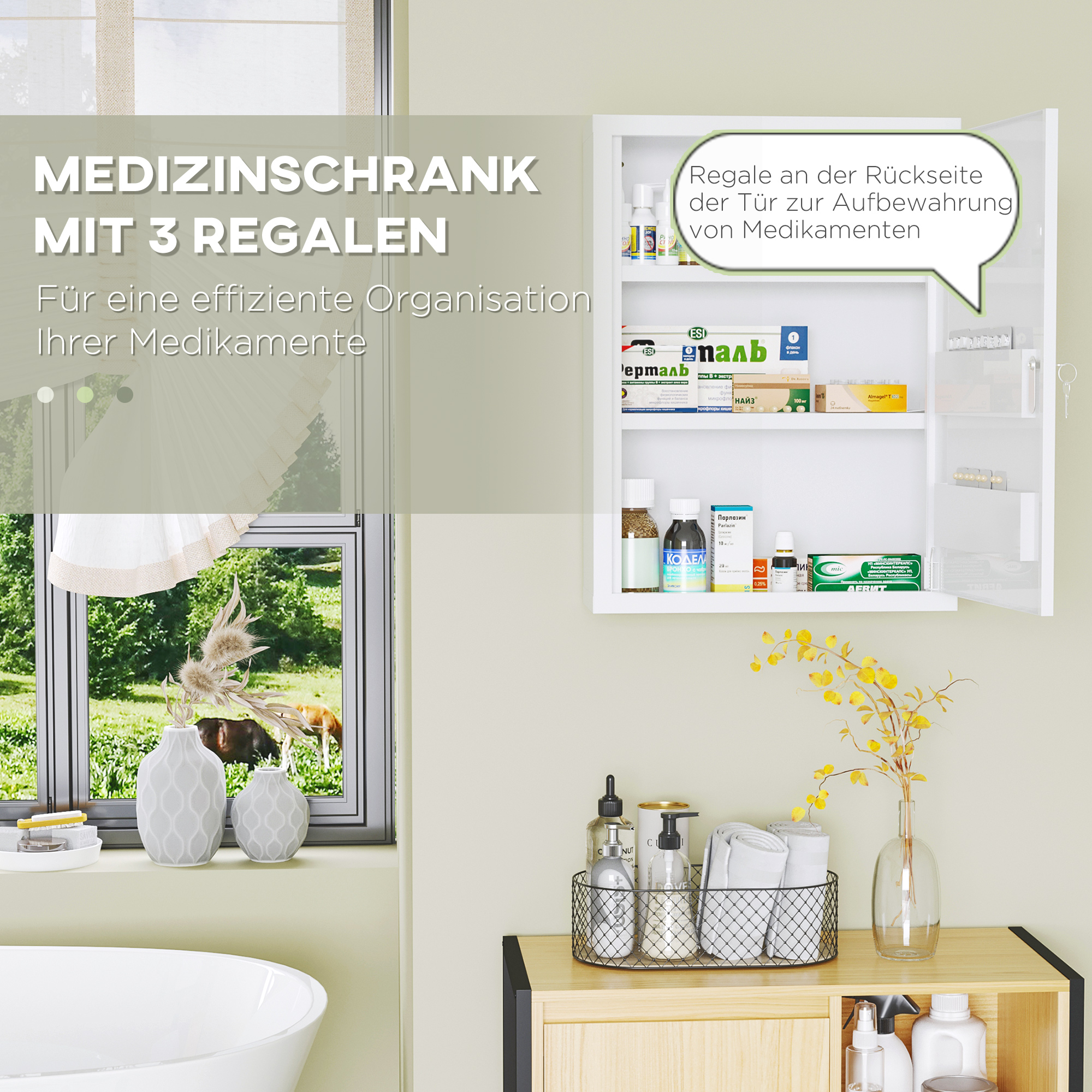 kleankin Medicijnkast, 3 Compartimenten, Afsluitbaar, met Receptenvak, Stevig Stalen Behuizing, Wit, 40 x 15 x 53,5 cm
