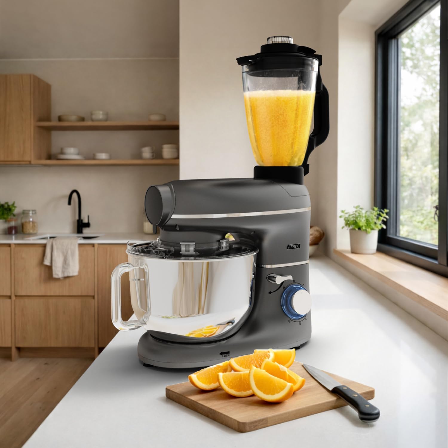6-in-1 Küchenmaschine – 2000W – Mit Fleischwolf, 1,5L Entsafter, Gemüseschneider und Mehr – Knetmaschine mit 6,2L Rührschüssel, Rührhaken, Knethaken, Schlagbesen und Spritzschutz (Anthrazit)