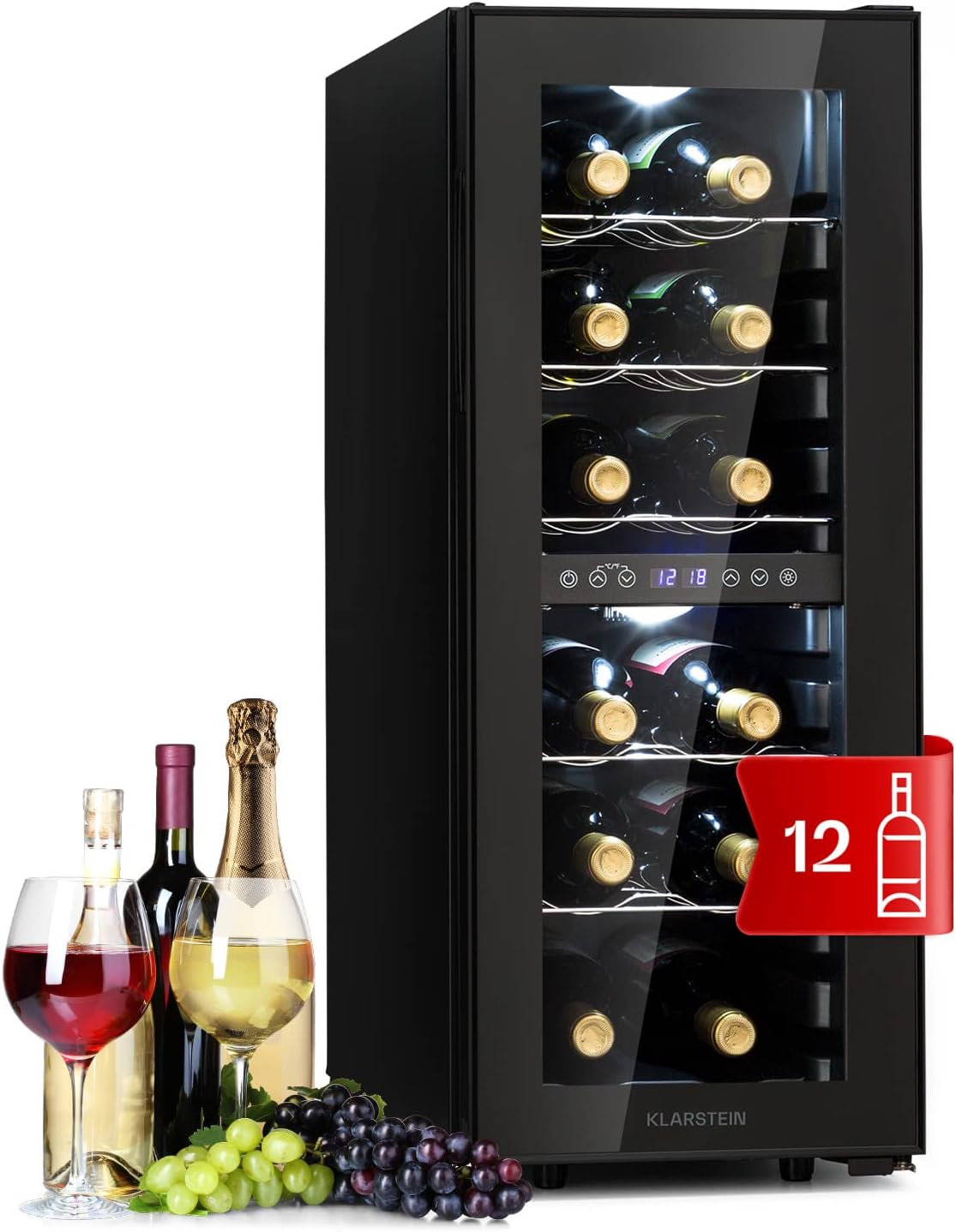 Klarstein Weinkühlschrank Freistehend, Kleiner Getränkekühlschrank Schmal, 2 Zonen Weinkühlschrank mit Glastür, Indoor/Outdoor Beersafe, Kühlschrank Klein mit UV-Schutz, 5-18°C, 12 Flaschen