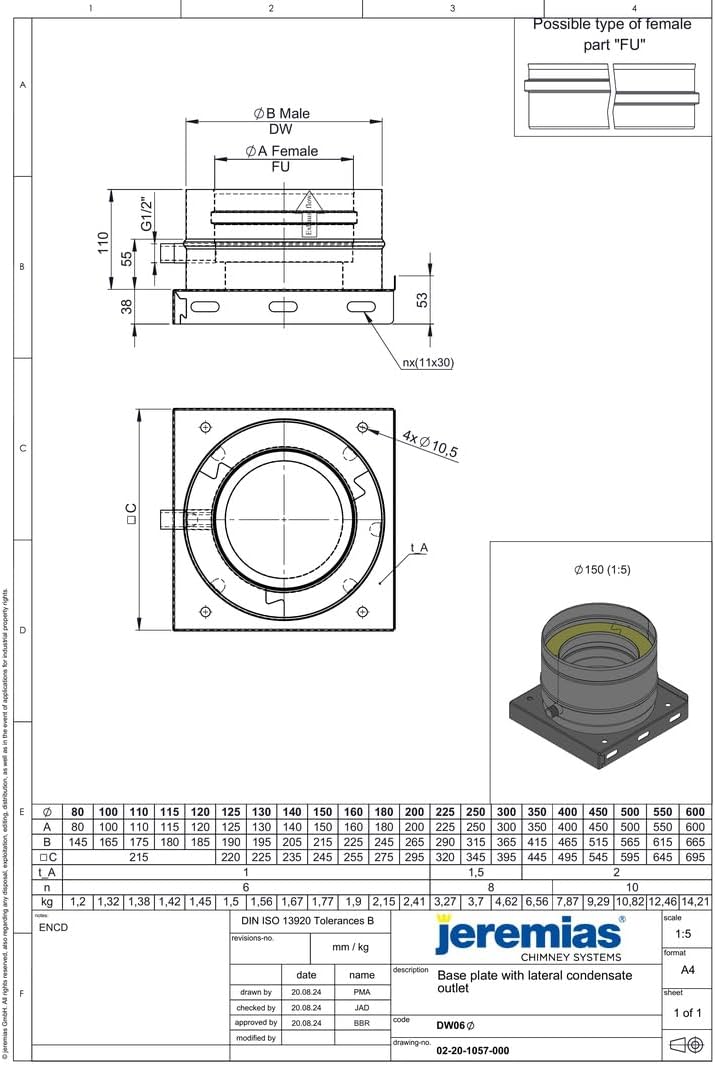 Jeremias DW-FU 350mm Edelstahl Grundplatte mit seitlichem Kondensatablauf und 1/2 Zoll Nippel für doppelwandiges Abgassystem
