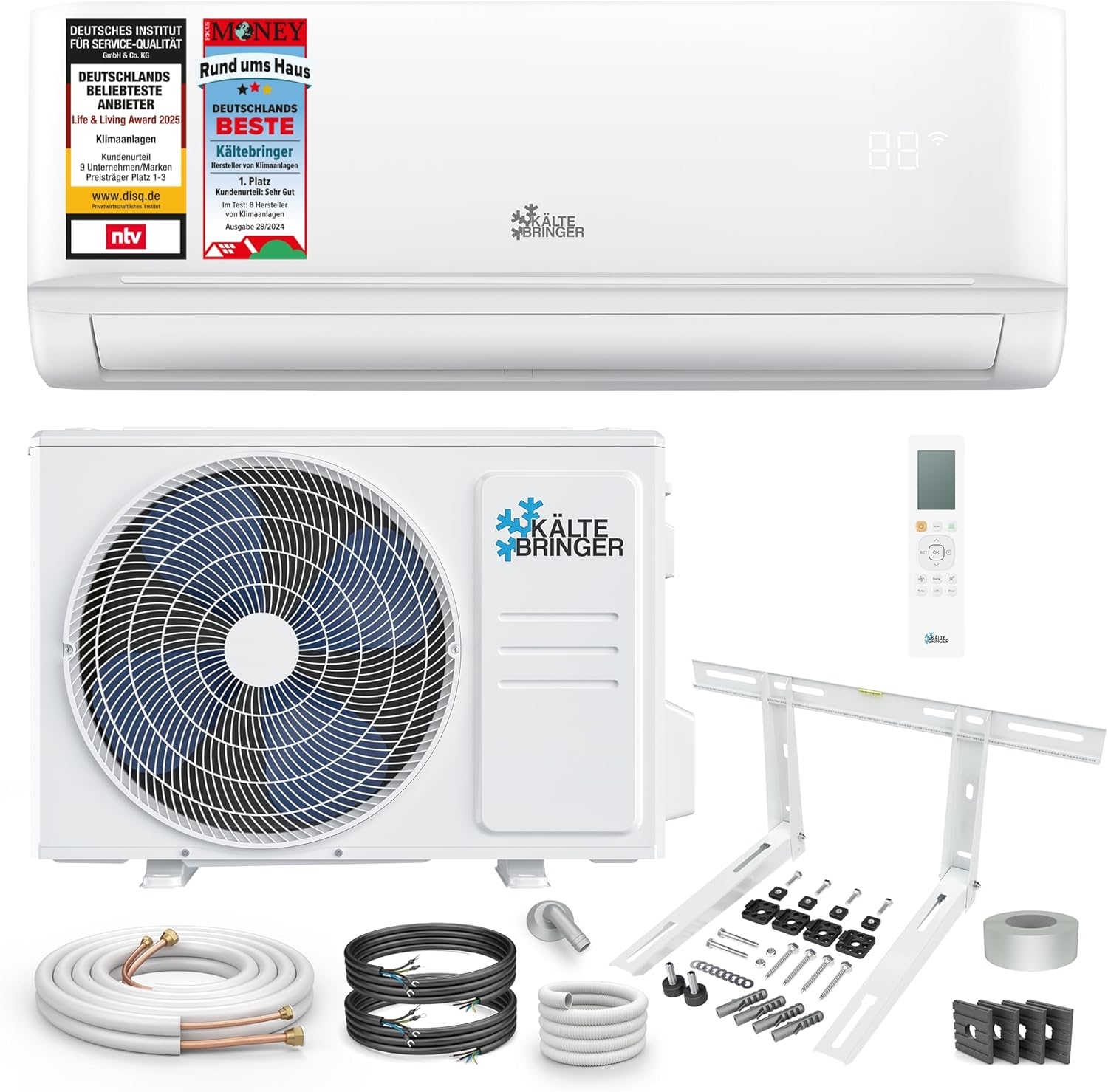 Kältebringer Split Klimaanlage - 9000 BTU (2,6 kW) - Klimagerät mit Heizfunktion, WiFi & App, bis 45qm, sehr leise - Set mit 5m Kupferleitung, Kältemittel R32, Montagematerial, Wandhalterung