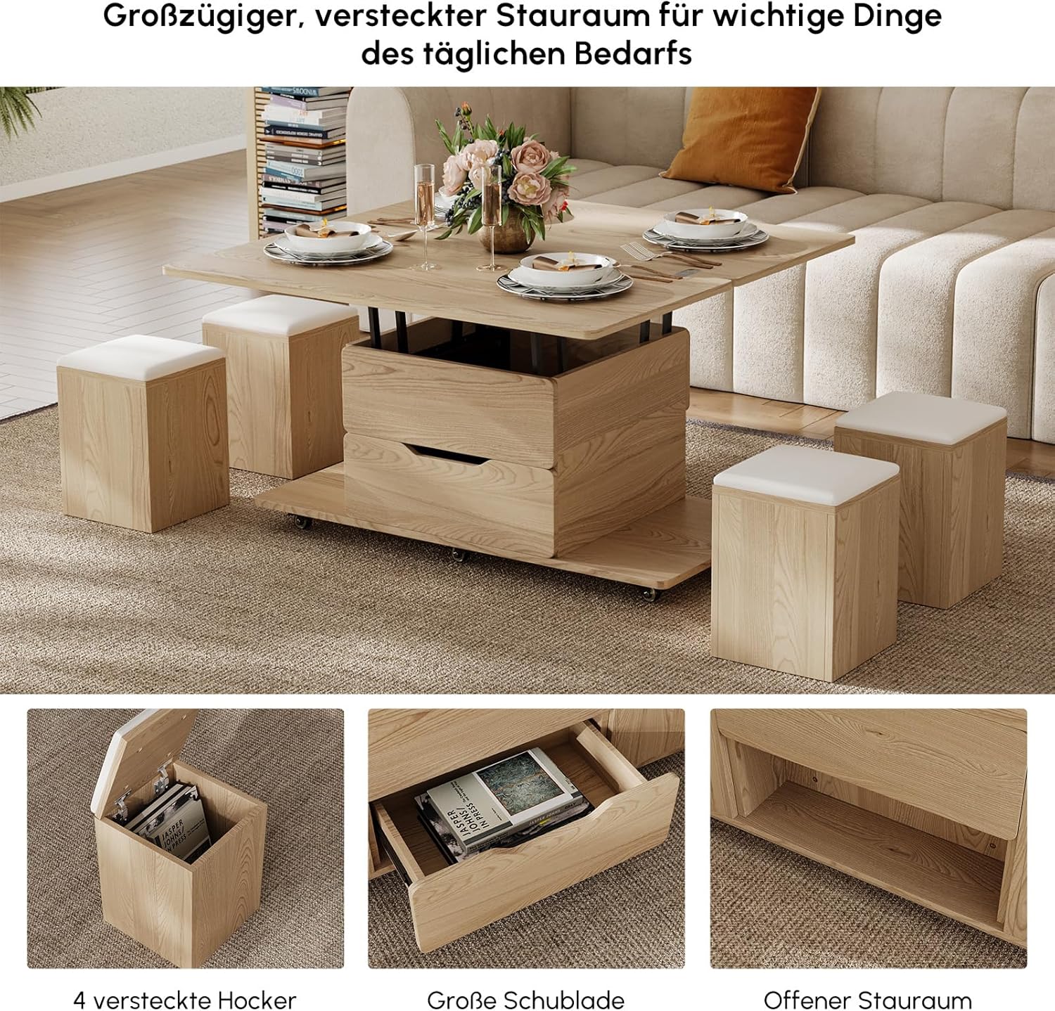 Homary Höhenverstellbarer Couchtisch mit Stauraum und 4 Hockern & Rollen – Multifunktionaler Wohnzimmertisch für kleine Räume
