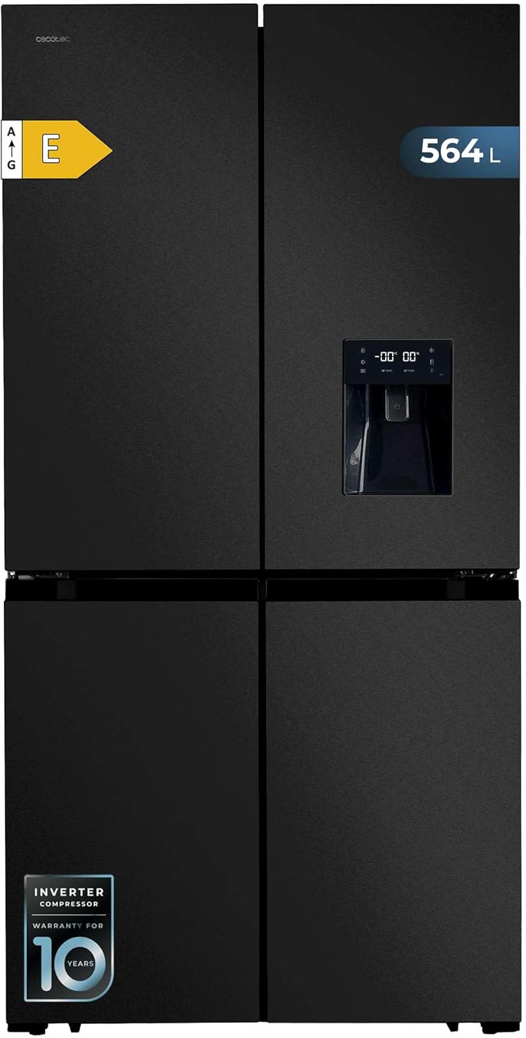 Cecotec Réfrigérateur Américain 4 Portes Dark de 564 L Bolero CoolMarket 4D 564 Dark E. 183 cm de Hauteur, 91 cm de Largeur, Distributeur d'Eau, Moteur Inverter Plus, NoFrost Total