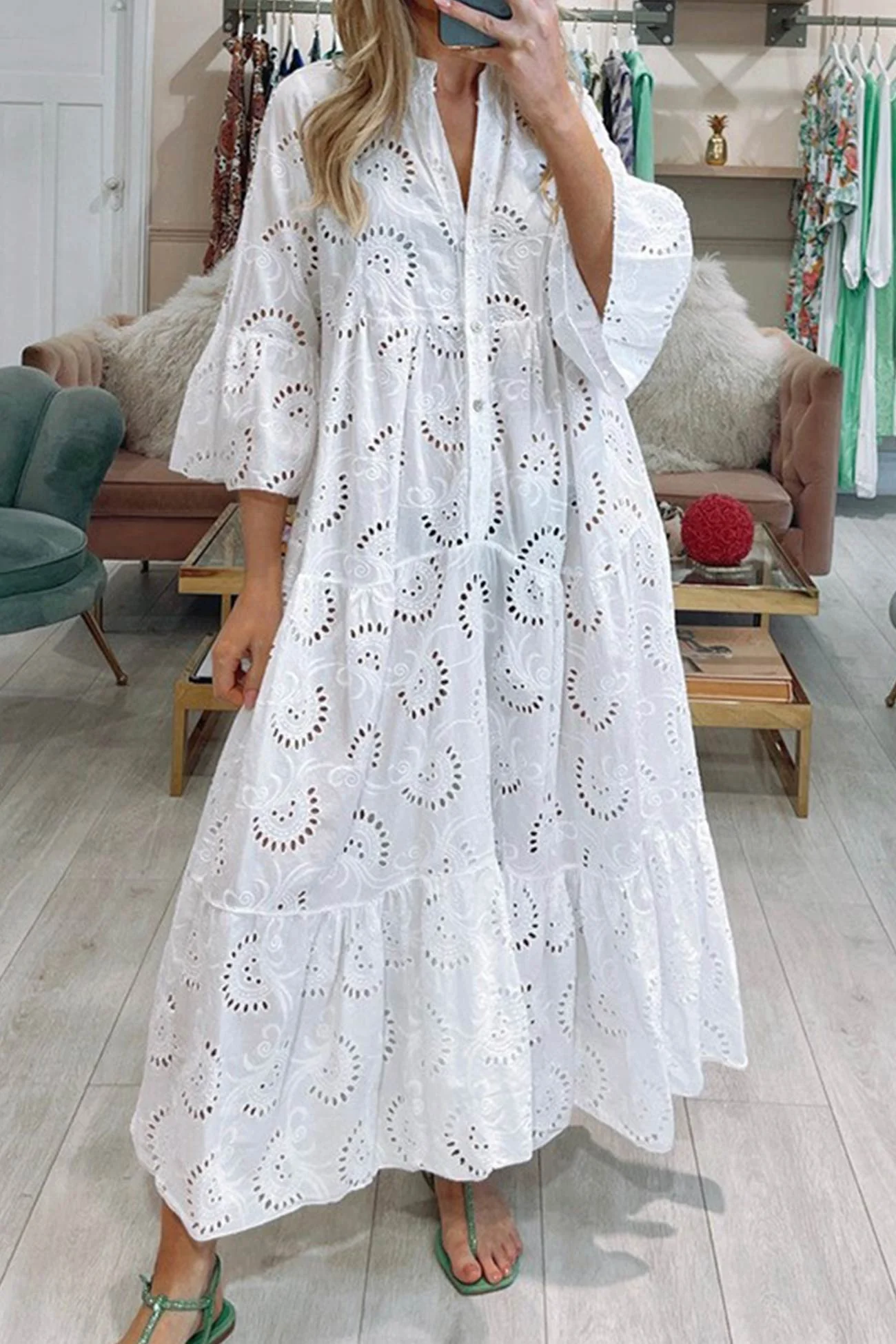 Damen Maxikleid im Boho-Stil mit feiner Bestickung | Luftiges langes Kleid mit flie?ender Silhouette f��r Freizeit und Alltag