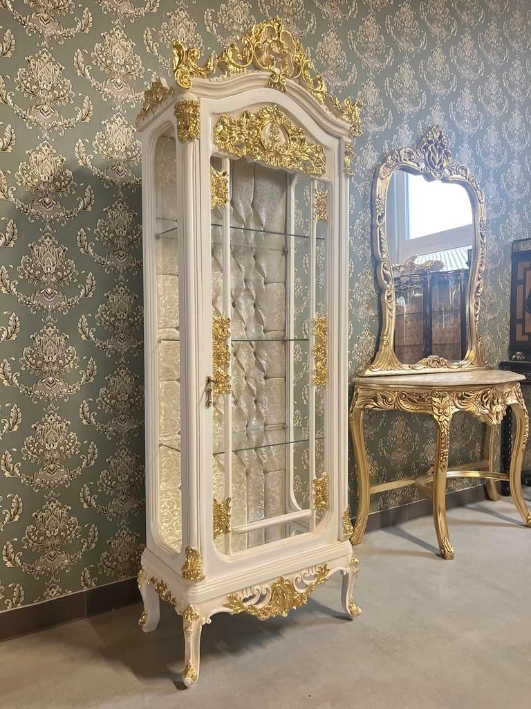 CasAmin Home & Living Baroque Style Display Cabinet: White Wood & Gold Leaf Showcase