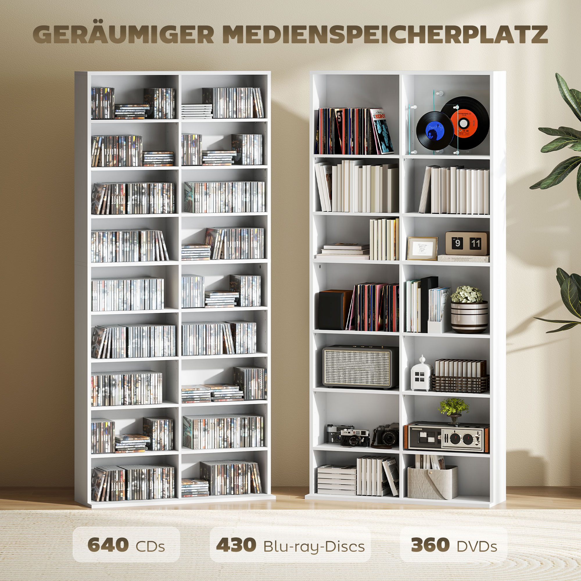 DVD-Rek, CD-Opslagrek, 14 Aanpasbare Planken, 18 Vakken, 175 cm, Blu-ray-Rek, Spaanplaat, Wit