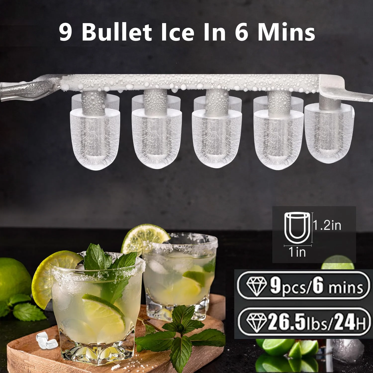 2025 Joy Pebble Bullet tafel ijsblokjesmachine met handvat, maakt 9 bullet-ijsblokjes in 6 minuten, 11,8 kg/24 uur, draagbare zelfreinigende ijsblokjesmachine met mand en schep, voor thuis/keuken/camping/caravan