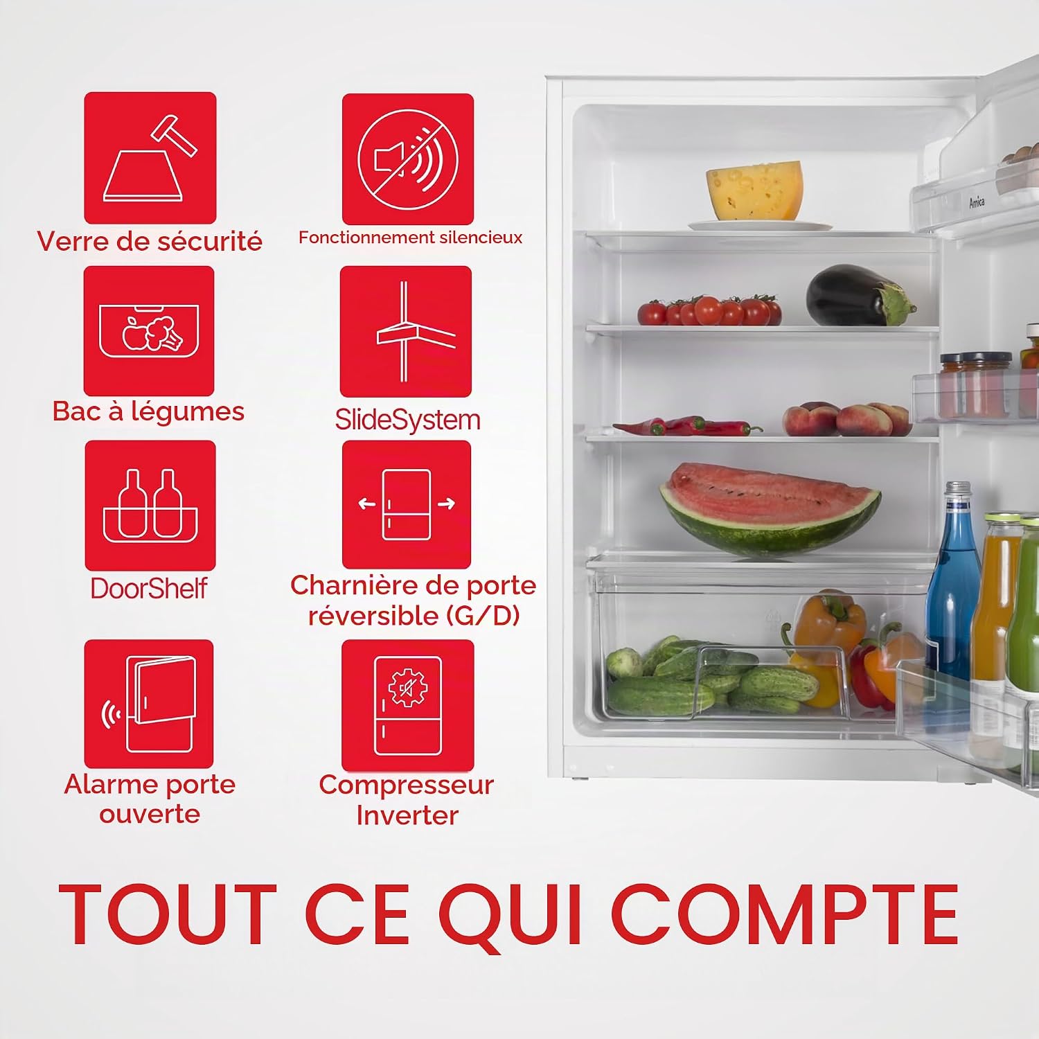 Amica EVKS 16172-1 - Réfrigérateur encastrable - 88 cm - Inverter - Compresseur - Éclairage LED - Alarme d'ouverture de porte - 135 l