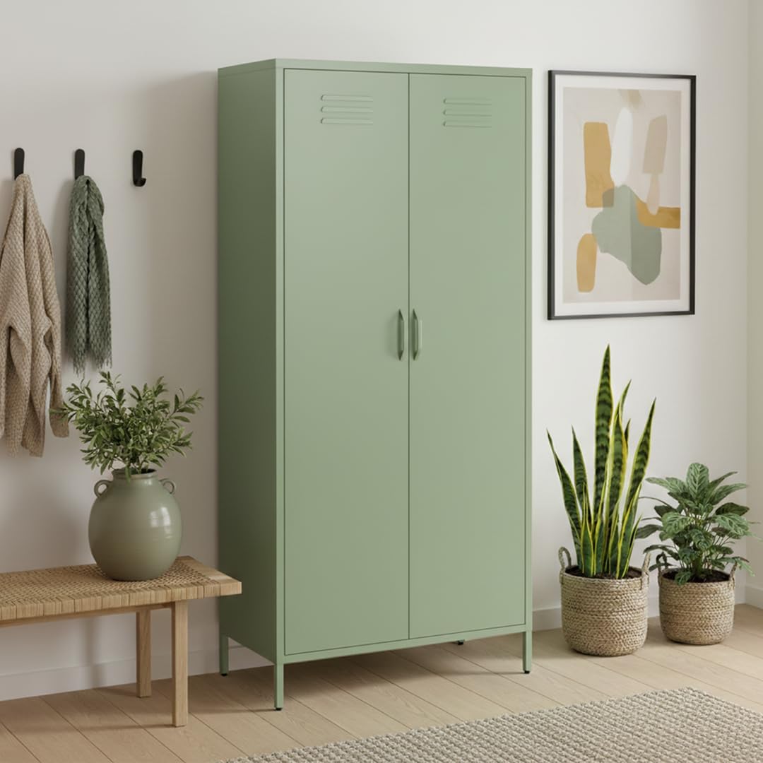 skølm Atria Kleiderschrank Metall – Metallschrank mit 6 Fächern & 2 Kleiderstangen – Garderobenschrank in Mintgrün – Metallkleiderschrank 80 cm breit – Schlafzimmerschrank – Industrial Schrank Flur