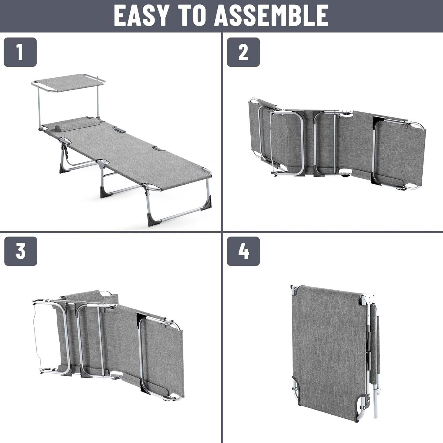 Sonnenliege klappbar 2er Set 194 X 68 X 29 cm, Aluminium Liegestuhl trägt bis zu 150kg, Strandliege Gartenliege wetterfest Sonnenschutz mit Verstellbarer Rückenlehne, Hellgrau