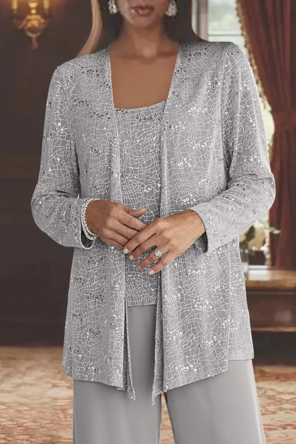 Damen Hosenanzug 3-teilig festlich | Set mit Pailletten-Spitzenjacke und weiter Hose | Elegantes Outfit f��r Hochzeitsg?ste