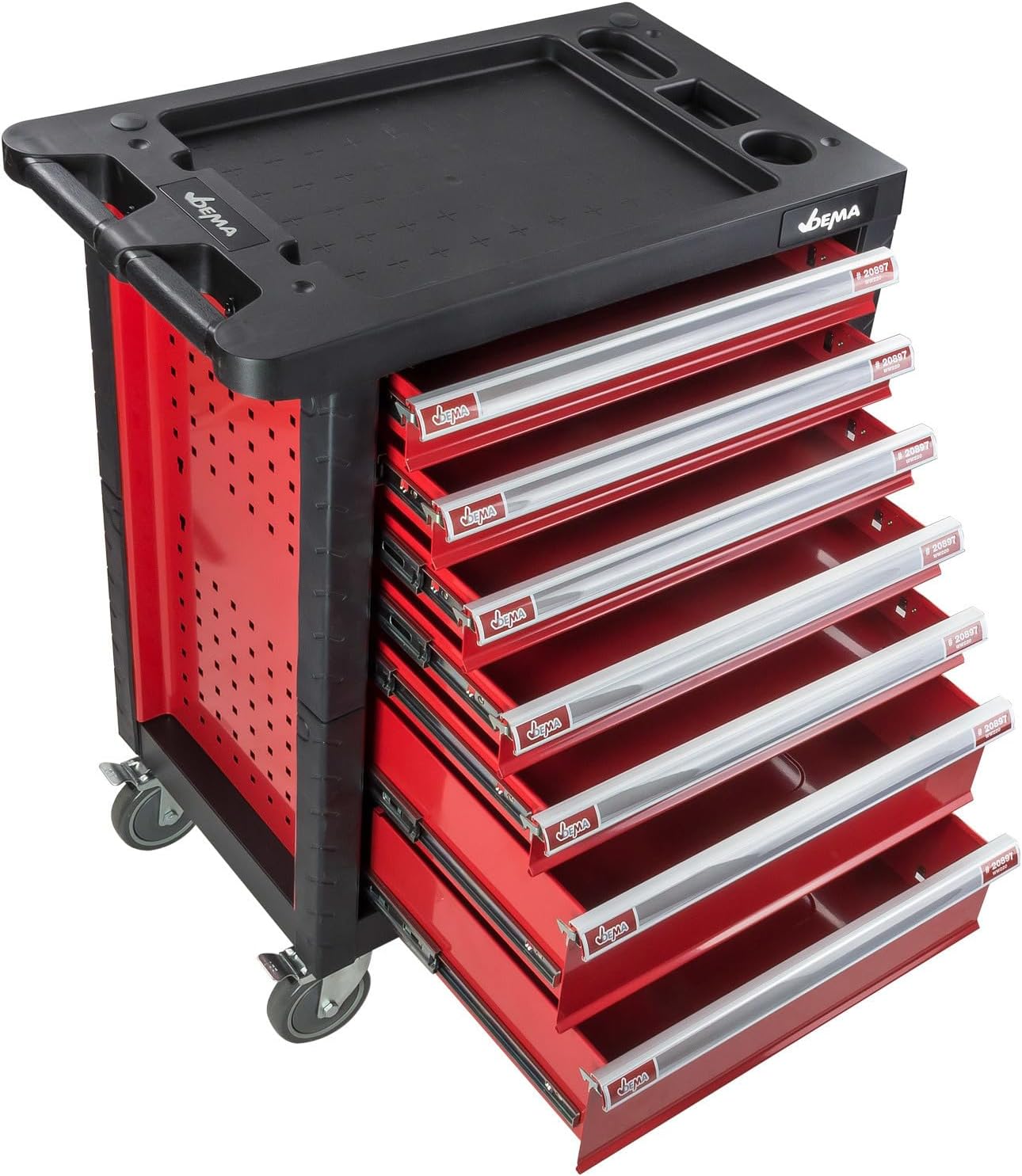 DEMA Werkstattwagen Carlos – 7 Schubladen, pulverbeschichtet, breite Lenkrollen mit Bremsen, Arbeitsplatte, Zylinderschloss – Robuster Werkzeugwagen für Werkstatt und Garage