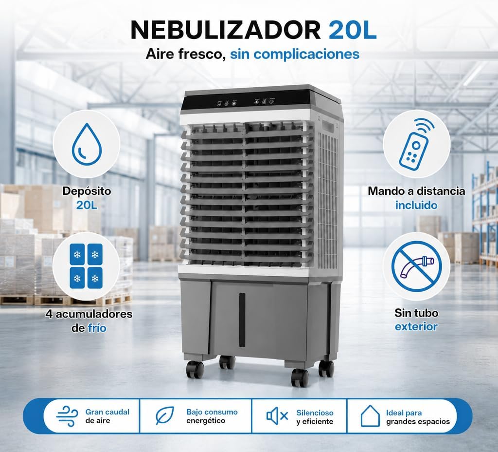 Climatizador Evaporativo Industrial 20L | Sin Tubo Exterior | Naves, Talleres y Terrazas hasta 20 m² | 65W | 3 Velocidades | Mando a Distancia | 4 Acumuladores de Frío | Oscilante | Portátil