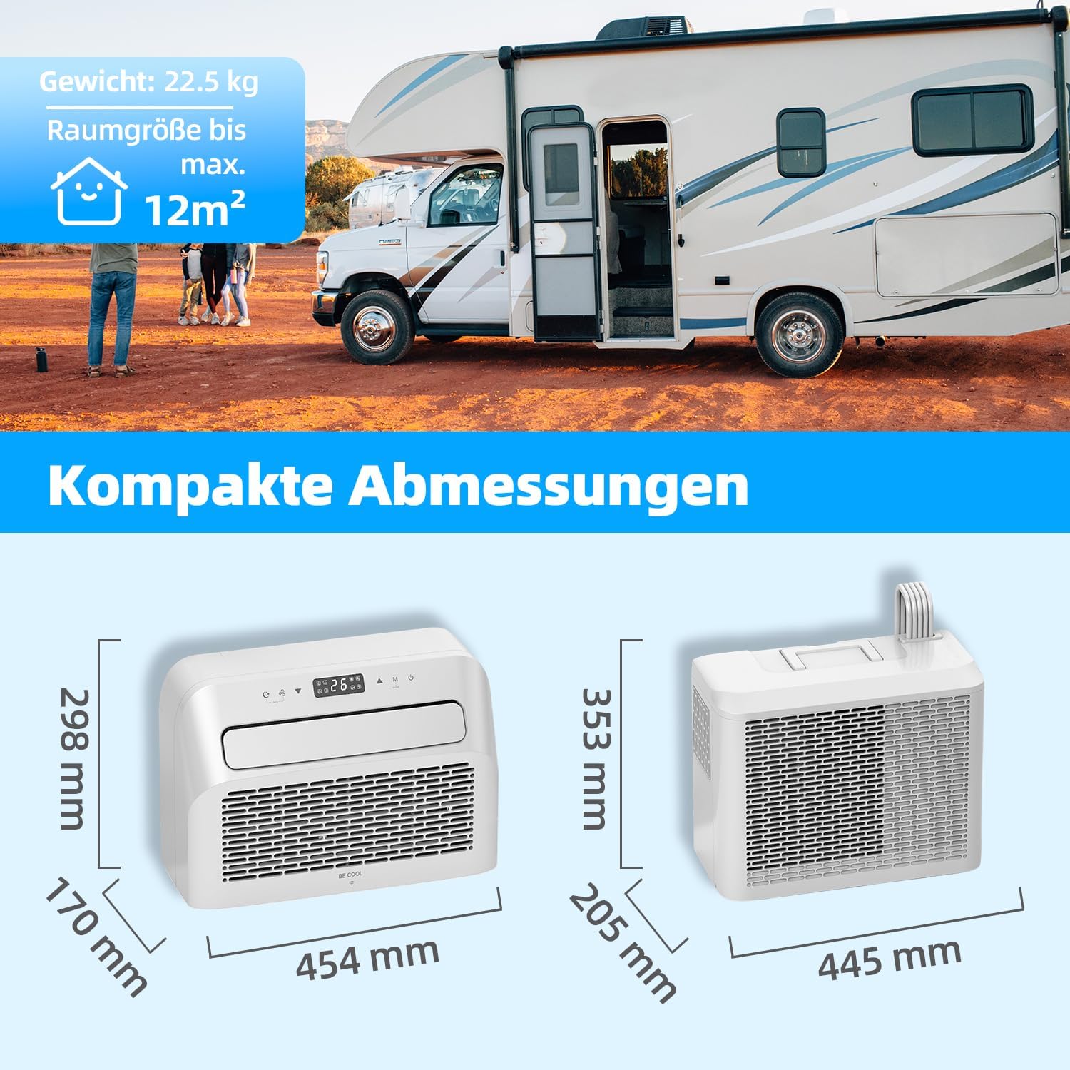 BE COOL BC5CSKL26 3in1 Mini Split Klimaanlage 5000 BTU mit WiFi, App-Steuerung, Kühlen, Lüften, Entfeuchten, 24h Timer, Schlafmodus, für Räume bis 12 m², Wohnmobil, Wohnwagen, weiß