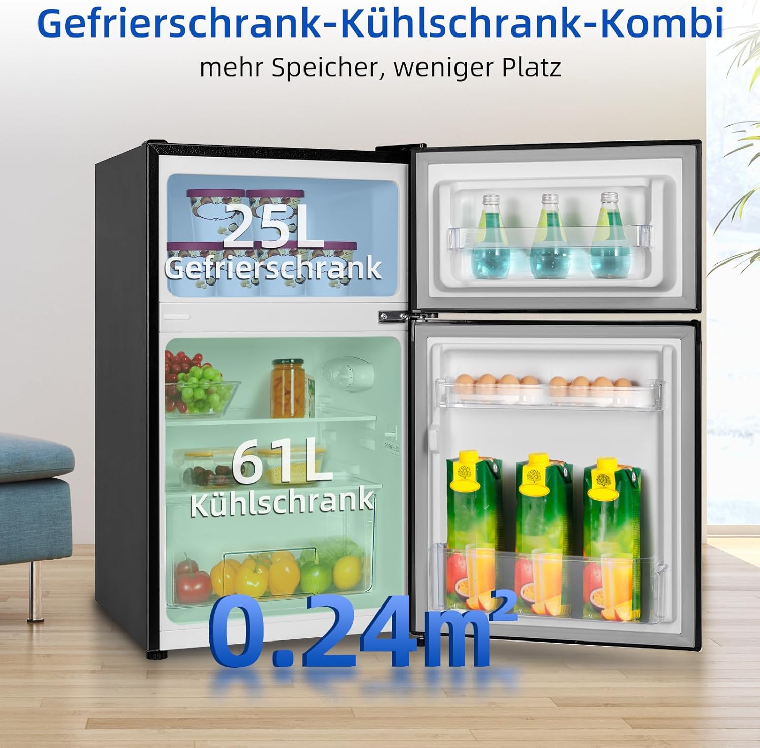 CHIQ Kühl-/Gefrierkombination/Gefrierfach oben Kühlschrank｜86 Liter (25L/61L), 85cm | 4 Sterne Gefrierfach, -18 °C bis -8 °C｜mit LED, für Wohnheime, Wohnungen und Hotels, Kühlschrank mit Gefrierfach