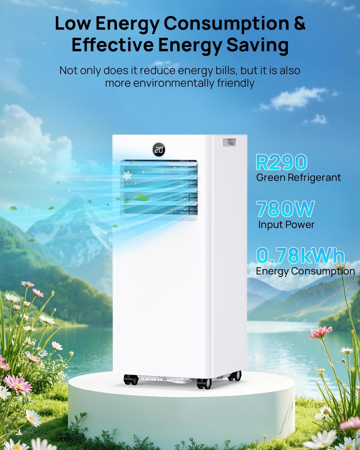 Klimaanlage Mobil 7000 BTU, Mobiles Klimagerät mit Abluftschlauch, Kühl-/Ventilations-/ Entfeuchtungs-/Schlafmodus 4-in-1, Digitalanzeige & Fernbedienung, 24H Timer, 360° Rollen, Inklusive Fensterset