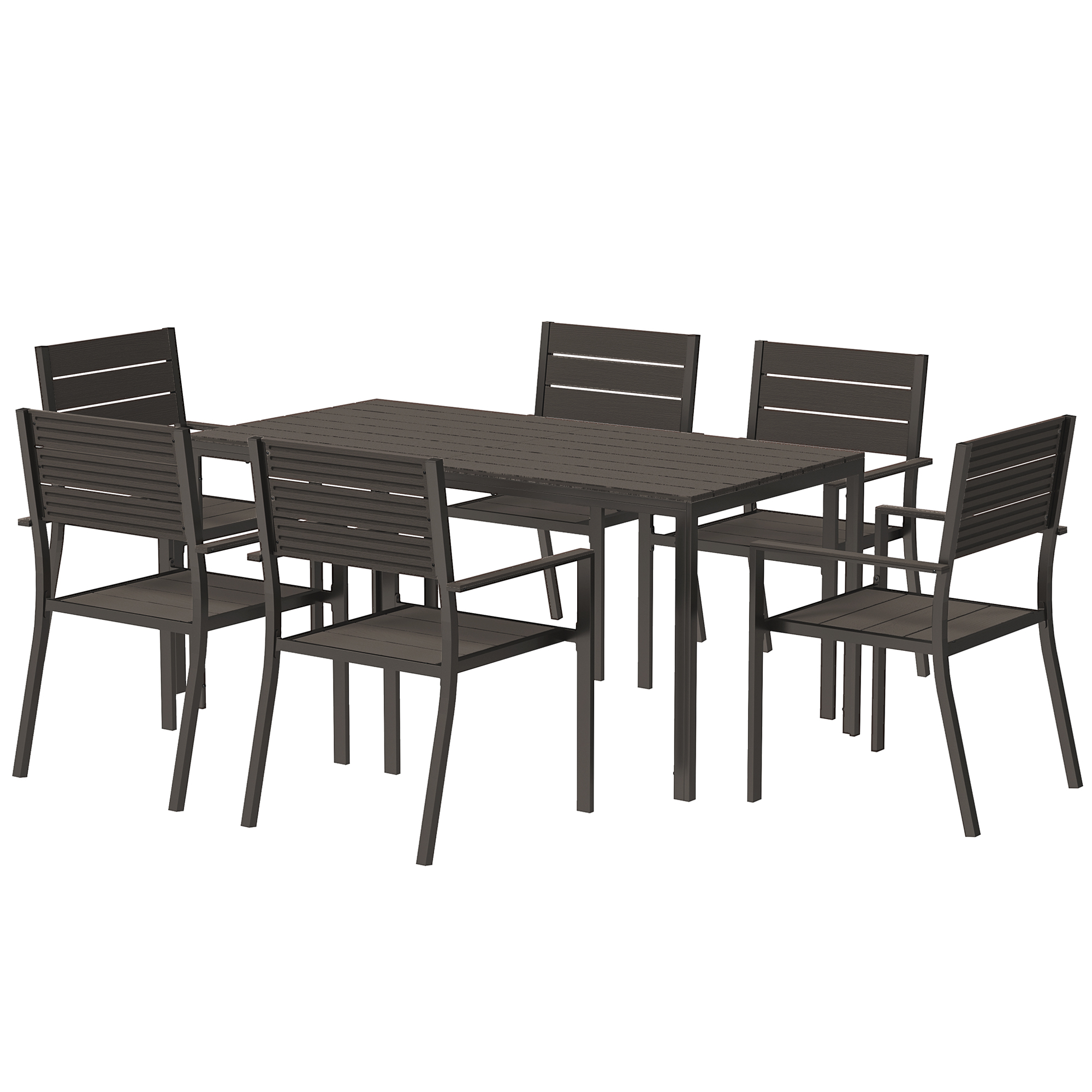 7-delige Tuinset voor 6 Personen - Eettafel met Stapelbare Stoelen in Donkerbruin