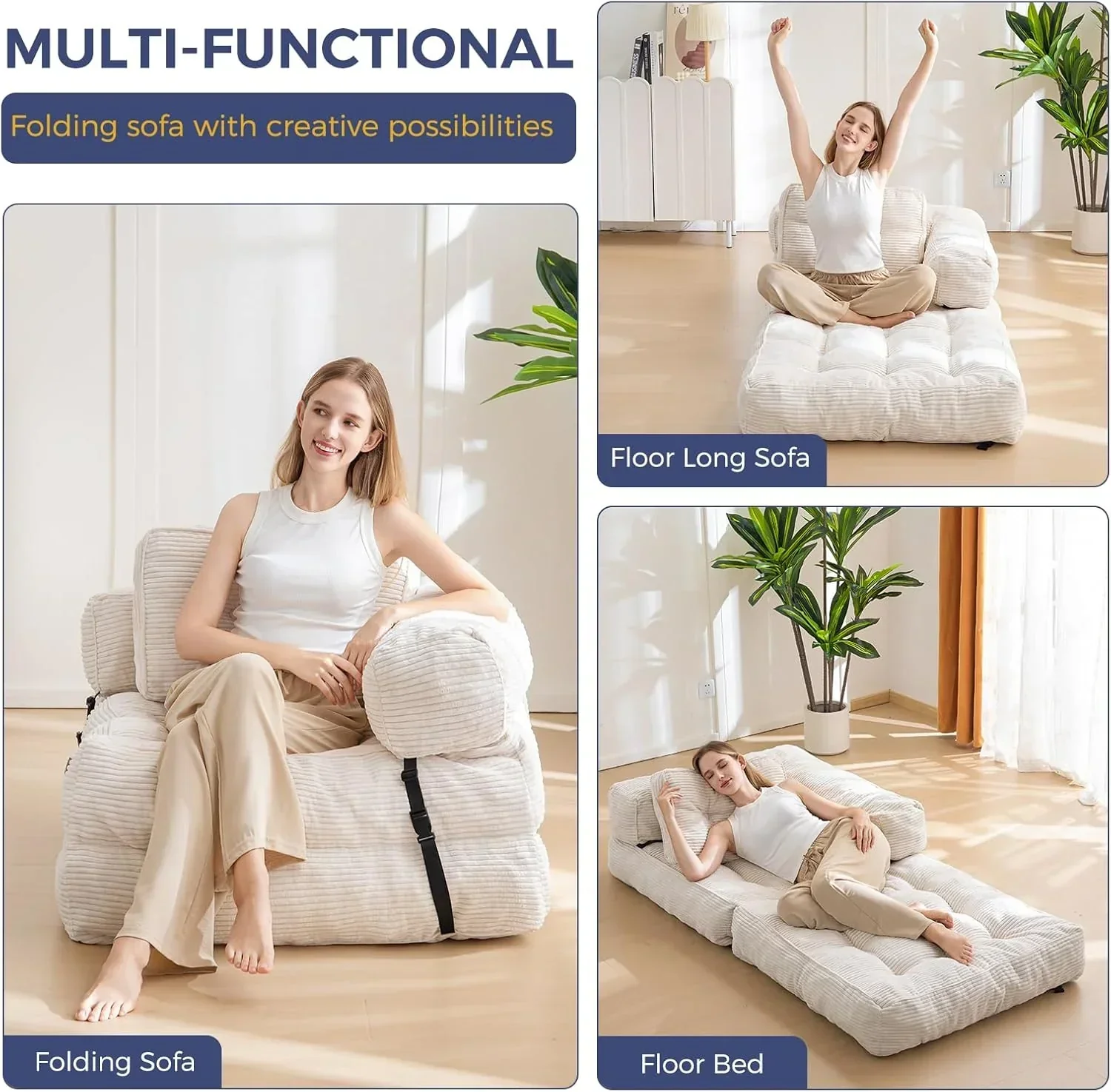 Folding Sofa Bed L-Shaped Convertible Sofa Bed with Armrests and Pillows