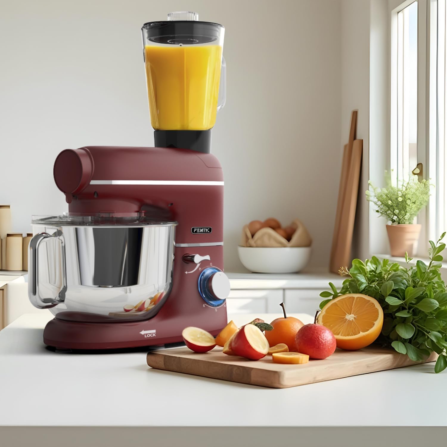 Fentic 6-in-1 Küchenmaschine – 2000W – Mit Fleischwolf, 1,5L Entsafter, Gemüseschneider und Mehr – Knetmaschine mit 6,2L Rührschüssel, Rührhaken, Knethaken, Schlagbesen und Spritzschutz (Schwarz)